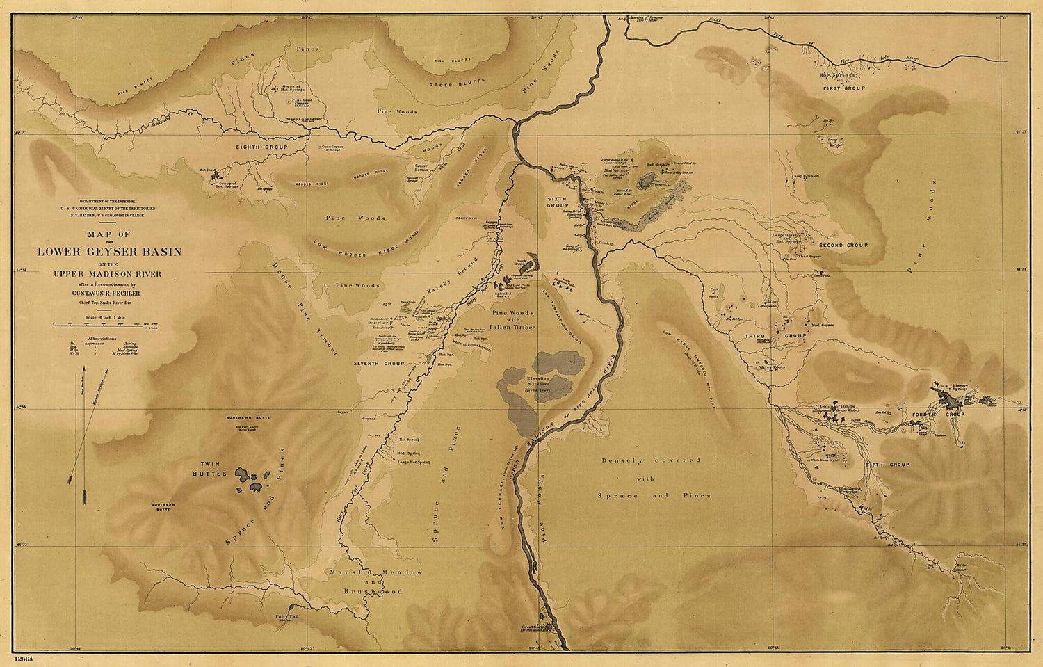 This old map of Map of the Lower Geyser Basin of the Upper Madison River from 1872 was created by Gustavus R. Bechler,  Geological and Geographical Survey of the Territories (U.S.) in 1872