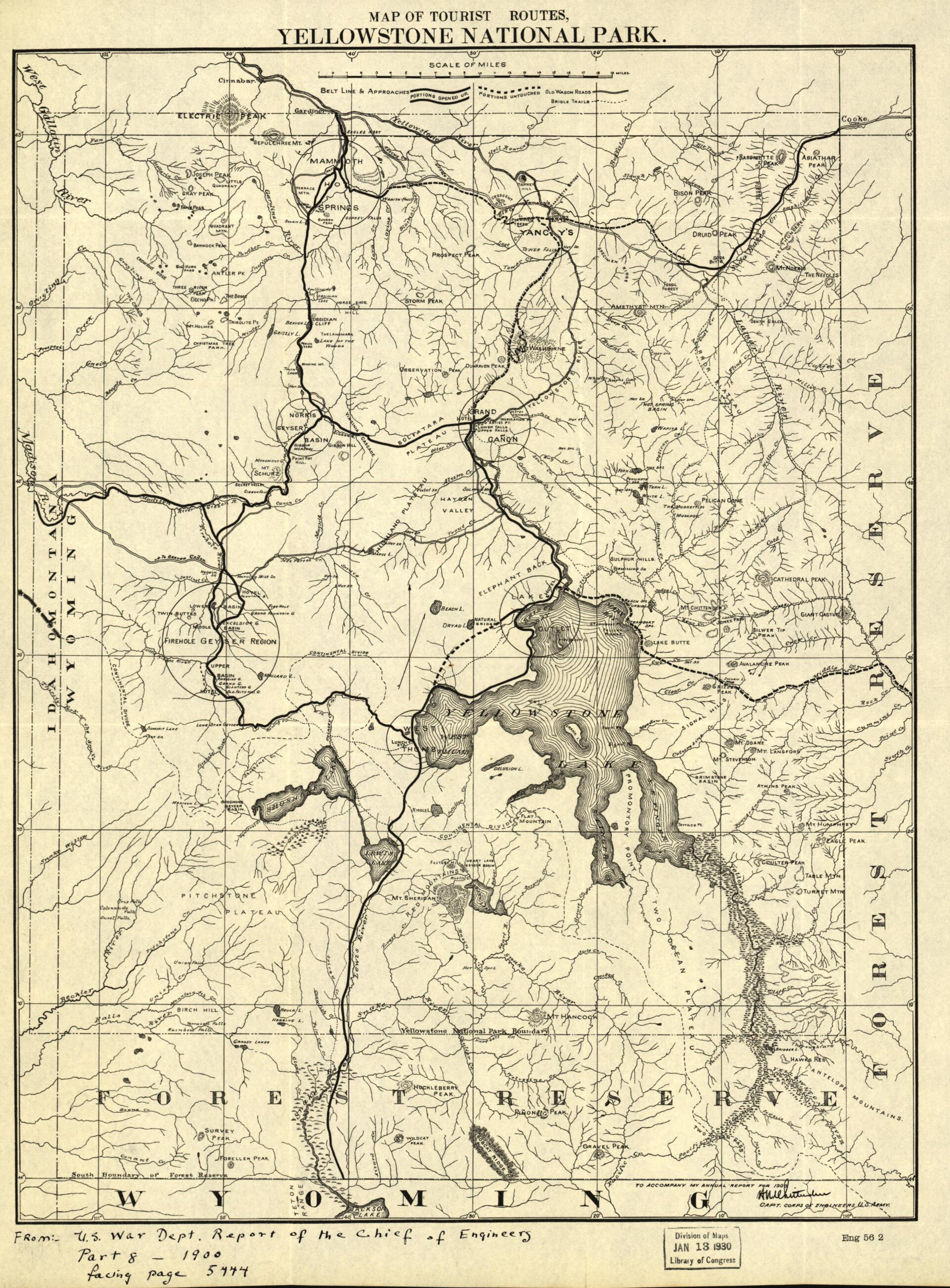 This old map of Map of the Tourist Routes, Yellowstone National Park from 1900 was created by  United States. War Department. Office of the Chief of Engineers in 1900