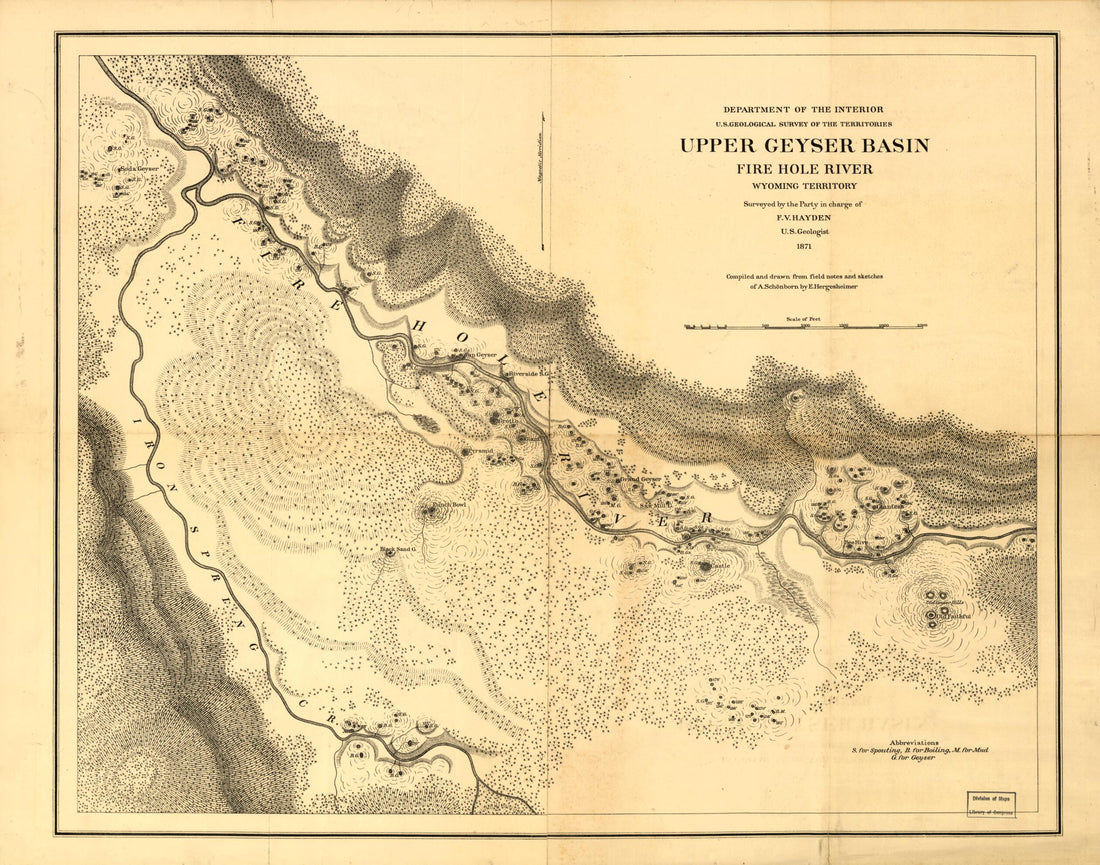 This old map of Upper Geyser Basin, Fire Hole River, Wyoming Territory from 1871 was created by  Geological Survey of the Territories (U.S.), F. V. (Ferdinand Vandeveer) Hayden, E. (Edwin) Hergesheimer in 1871