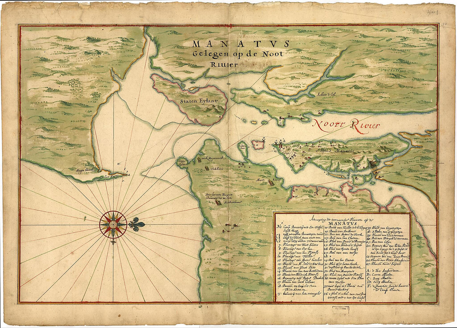 This old map of Manatvs Gelegen Op De Noot sic Riuier from 1670 was created by  Library of Congress, Joan Vinckeboons in 1670