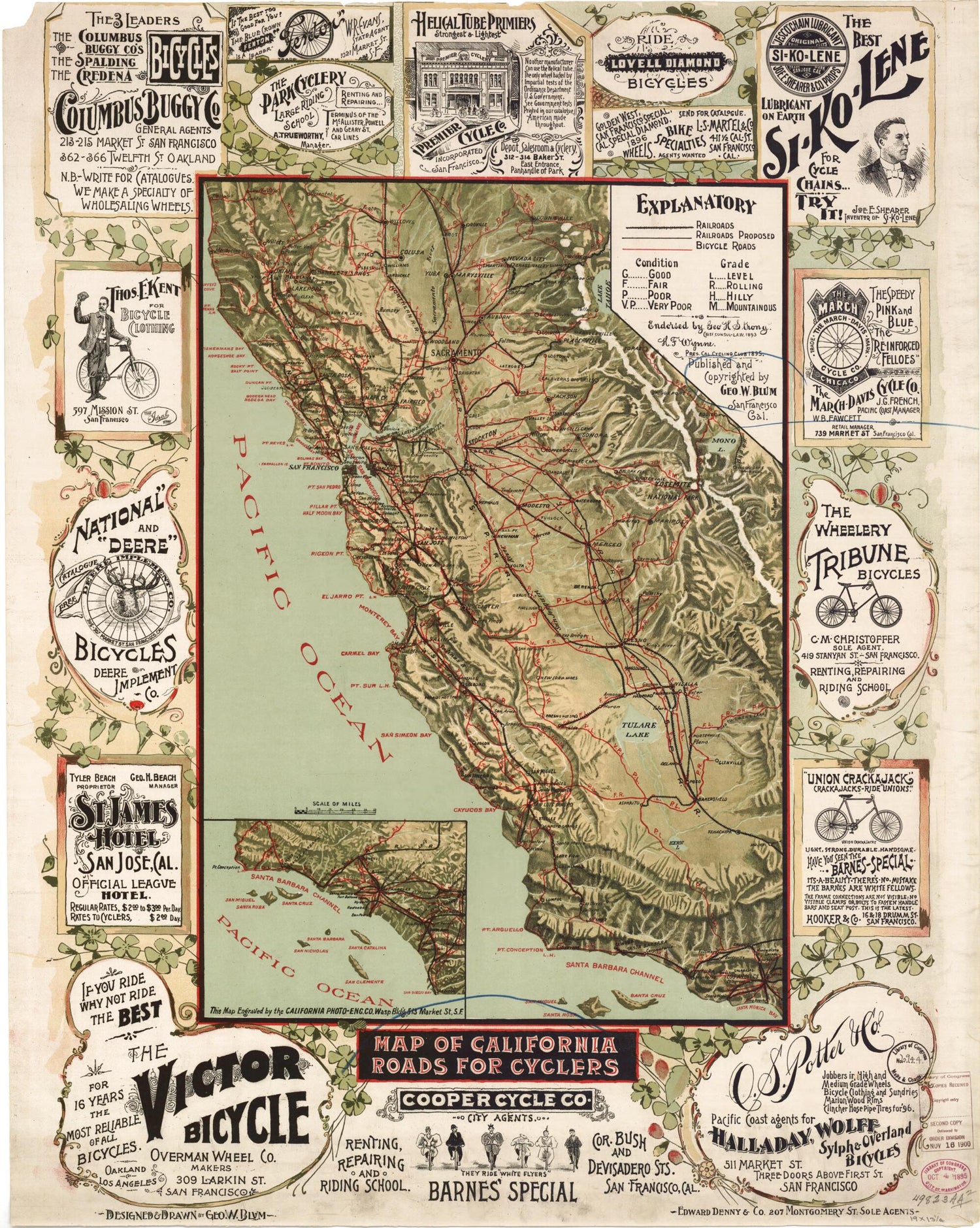 This old map of Map of California Roads for Cyclers from 1895 was created by George W. Blum,  Engraving Co in 1895