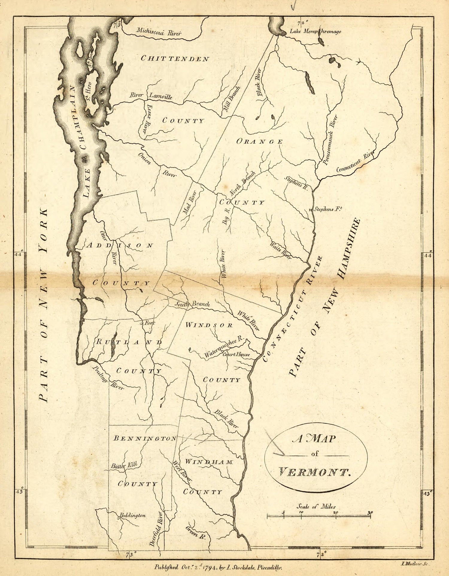 This old map of A Map of Vermont from 1794 was created by Jedidiah Morse, John Stockdale in 1794