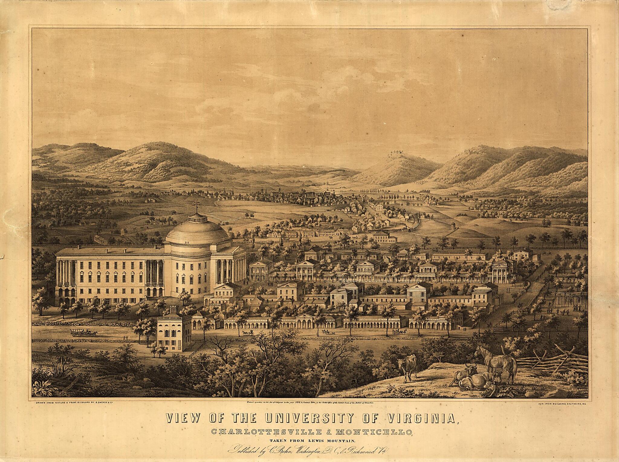 This old map of View of the University of Virginia, Charlottesville &amp; Monticello, Taken from Lewis Mountain from 1856 was created by Casimir Bohn,  E. Sachse &amp; Co in 1856