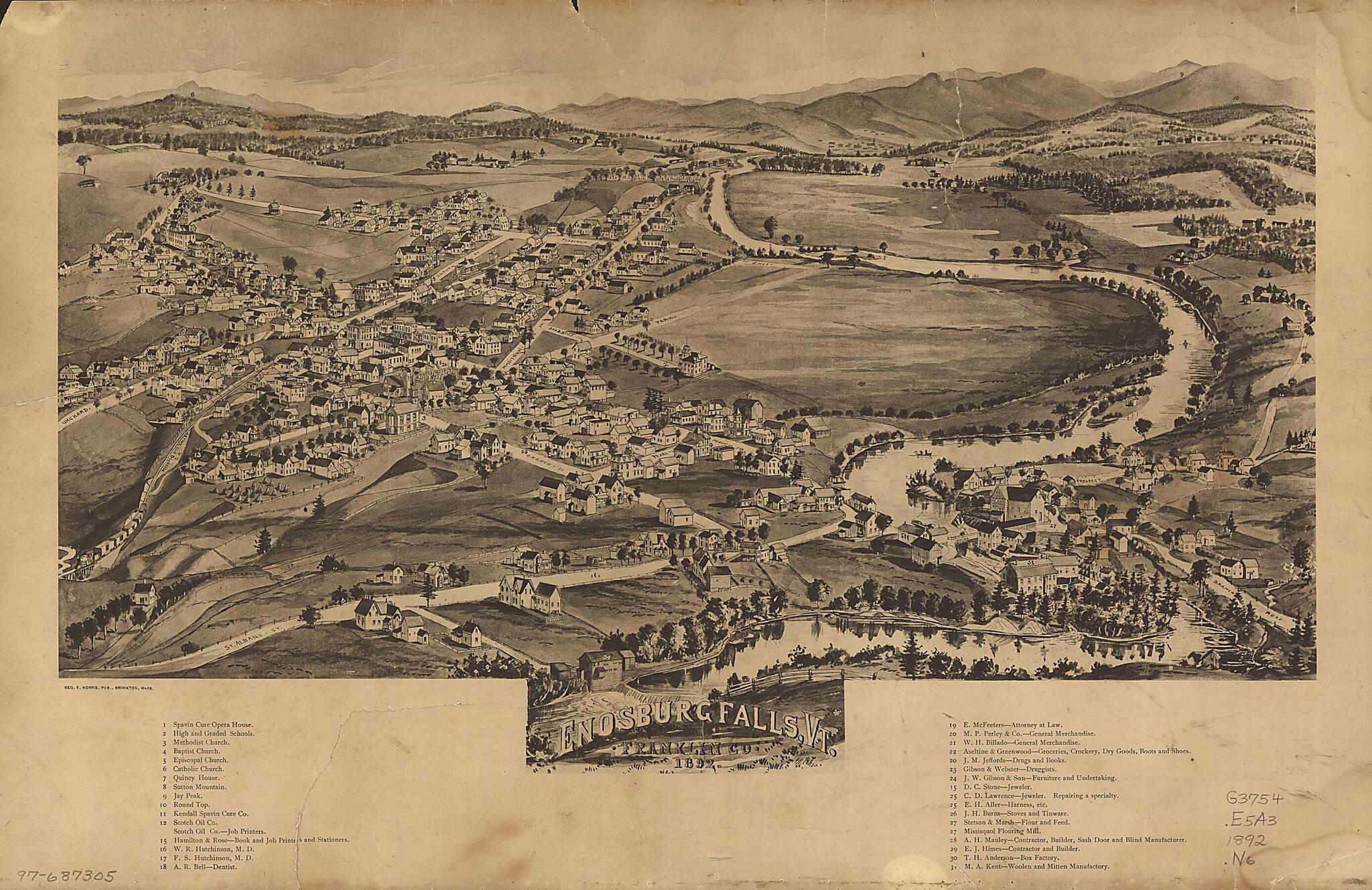 This old map of Enosburg Falls, Vermont, Franklin County, from 1892 was created by George E. Norris in 1892