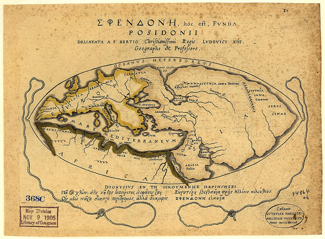 This old map of Sphendonē, Hoc Est, Fvnda Posidonii. (Sphendonē, That Is, the World of Posidonii, Dionysius In the World Traveled by the Greeks) from 1630 was created by Petrus Bertius,  Posidonius in 1630