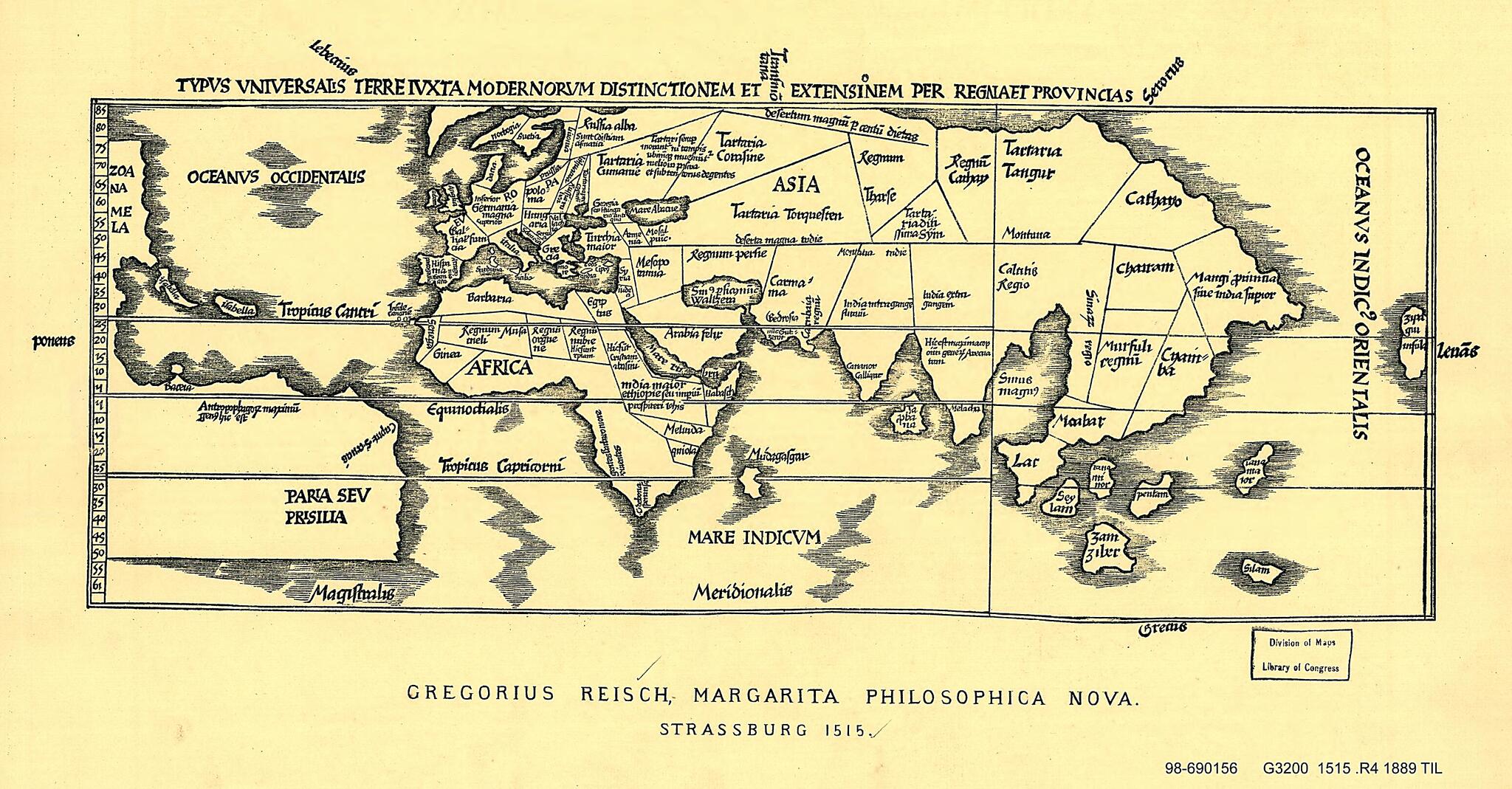 This old map of Typus Universalis Terre from 1889 was created by Gregor Reisch in 1889