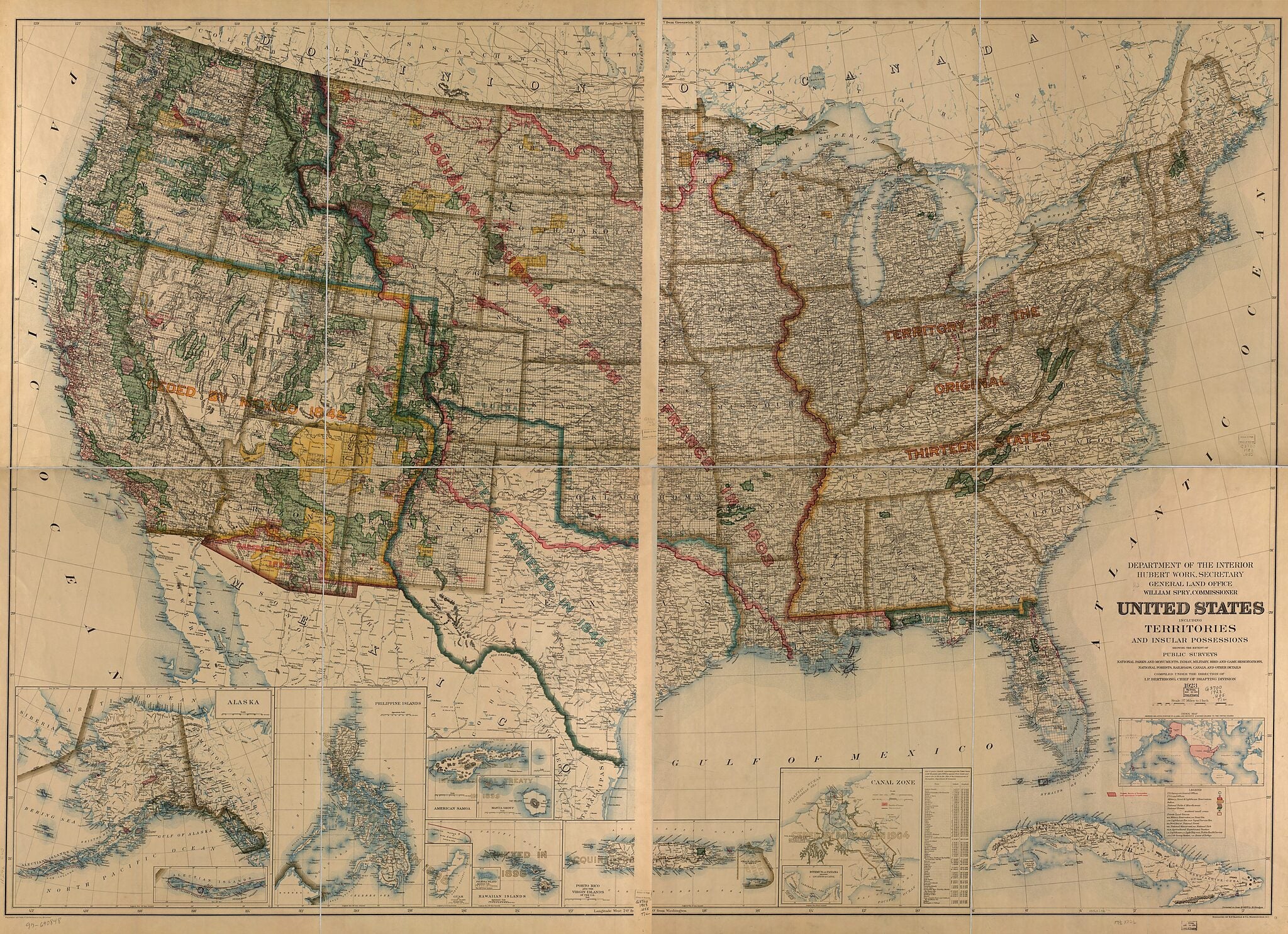 This old map of United States Including Territories and Insular Possessions : Showing the Extent of Public Surveys, National Parks and Monuments, Indian, Military, Bird and Game Reservations, National Forests, Railroads, Canals and Other Details from 192