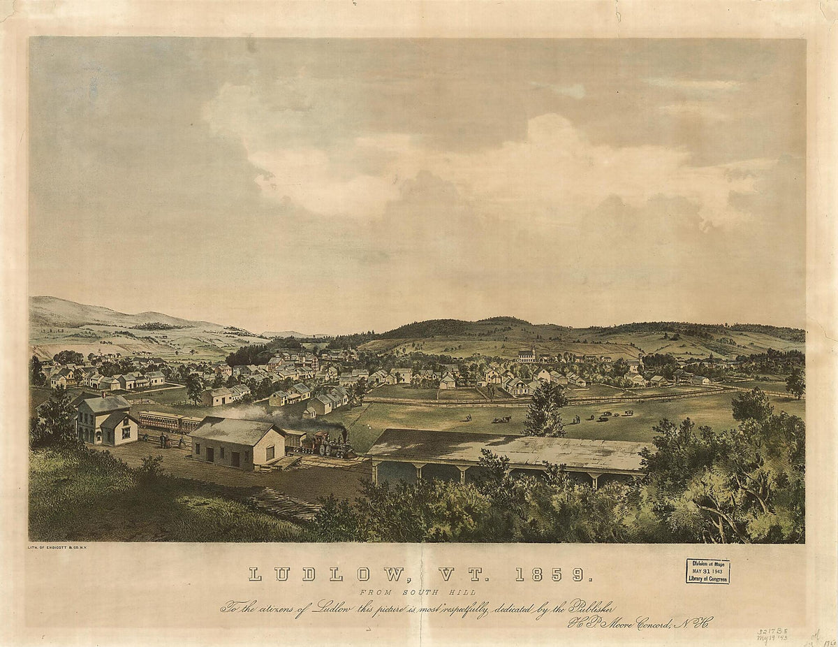 Ludlow, Vermont 1859 from South Hill / Lith. of Endicott &amp; County, New York by Relic Map Company