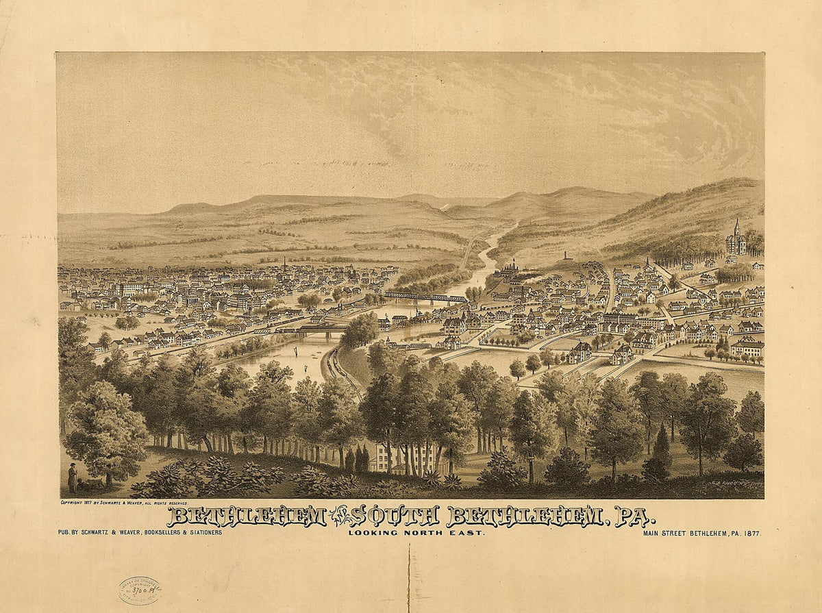 Bethlehem and South Bethlehem, Pennsylvania Looking North East / G.A. Rudd, New York 1877 by Relic Map Company