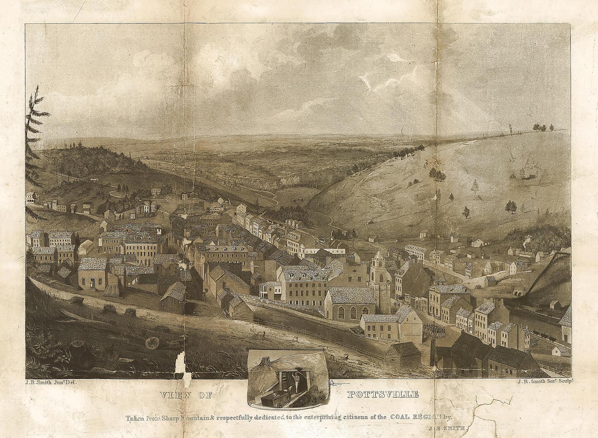 This old map of View of Pottsville Taken from Sharp Mountain &amp; Respectfully Dedicated to the Enterprising Citizens of the Coal Region by J.R. Smith / J.R. Smith, Junr. Del. ; J.R. Smith, Senr. Sculpt from 1833 was created by John Rowson Smith, John Ruben
