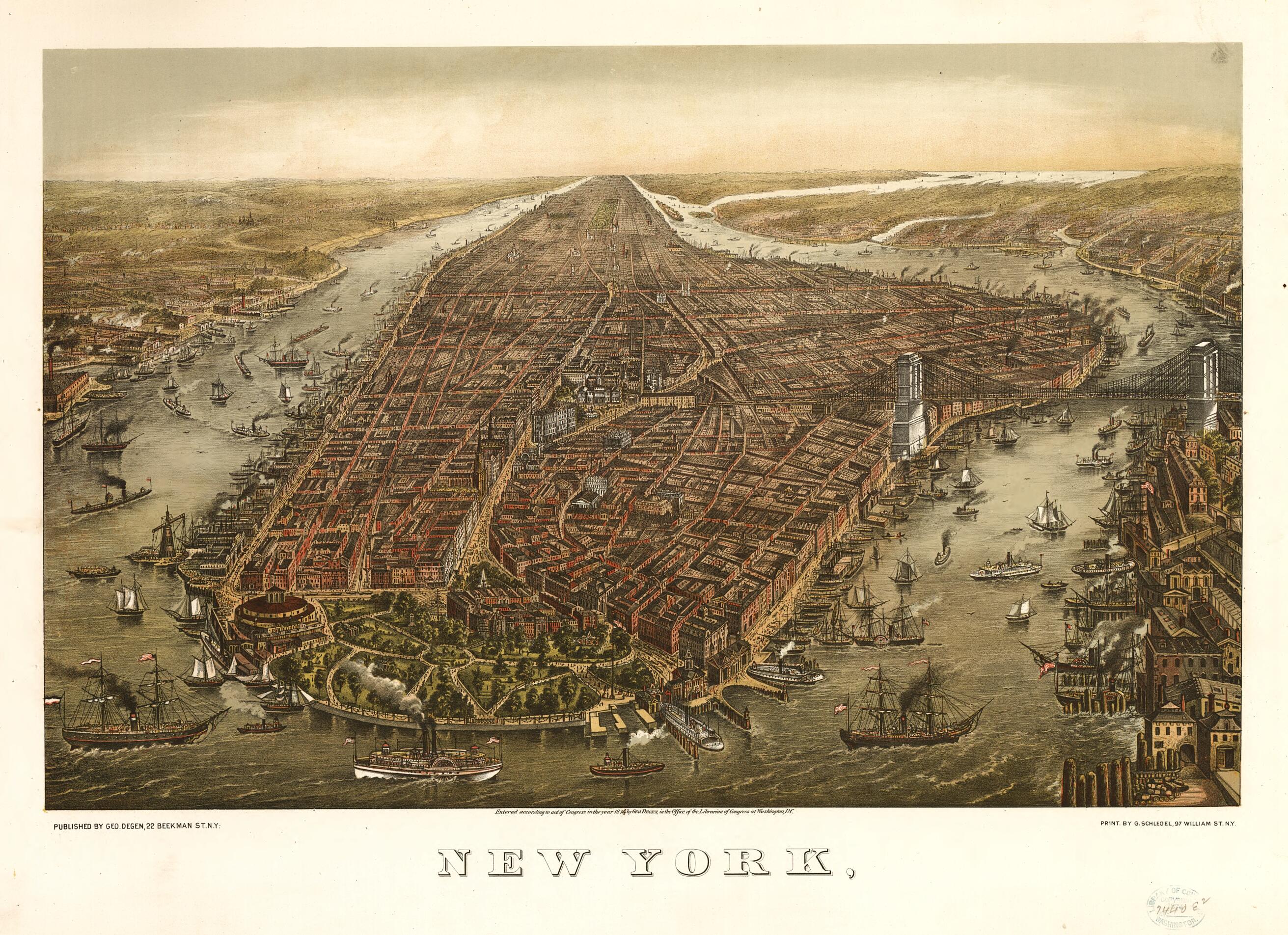 This old map of New York, / Print by G. Schlegel, 97 William St. New York from 1873 was created by George Schlegel in 1873