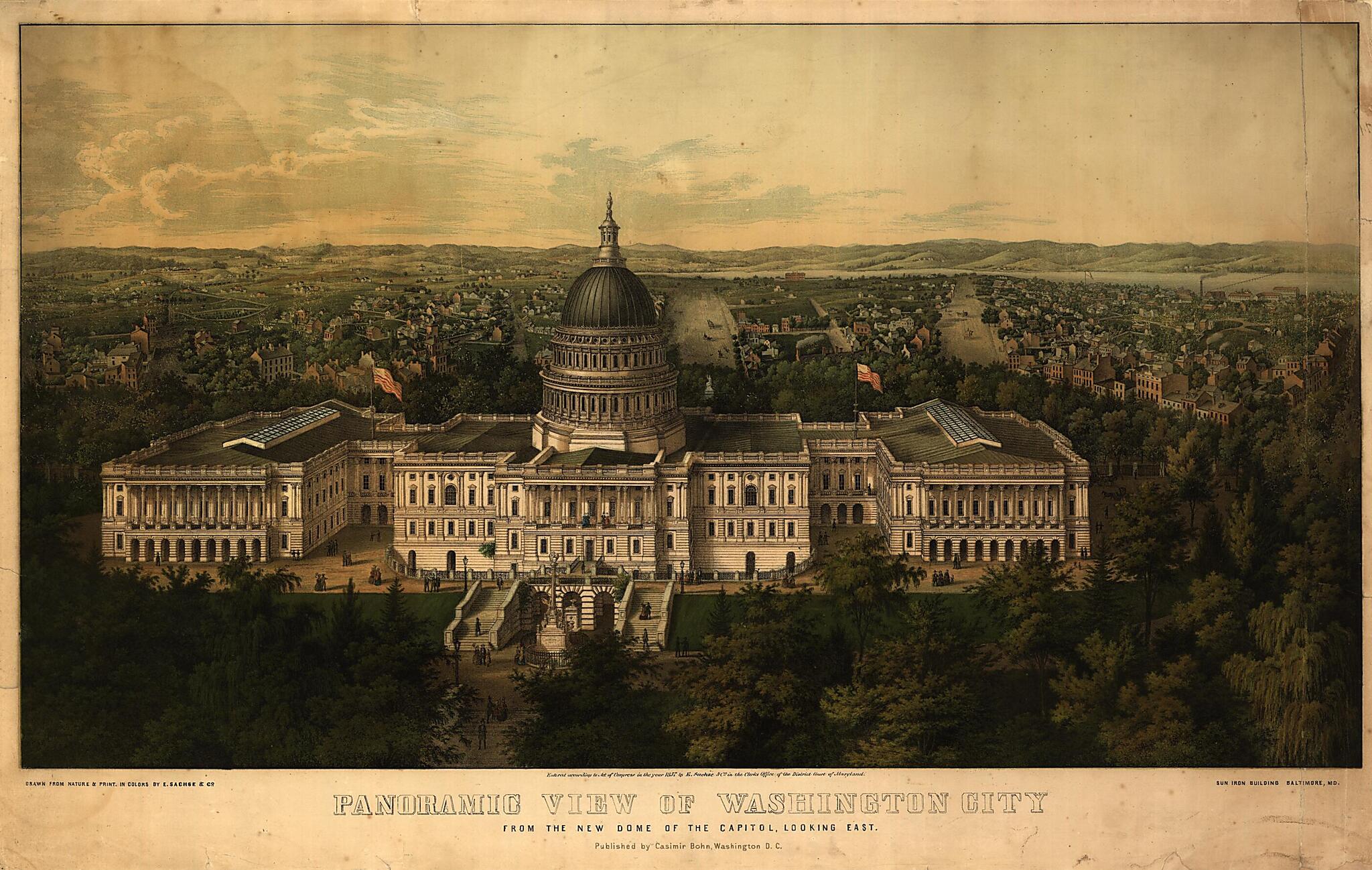 This old map of Panoramic View of Washington City from the New Dome of the Capitol, Looking East / Drawn from Nature and Print. In Colors by E. Sachse &amp; Co from 1857 was created by  E. Sachse &amp; Co in 1857