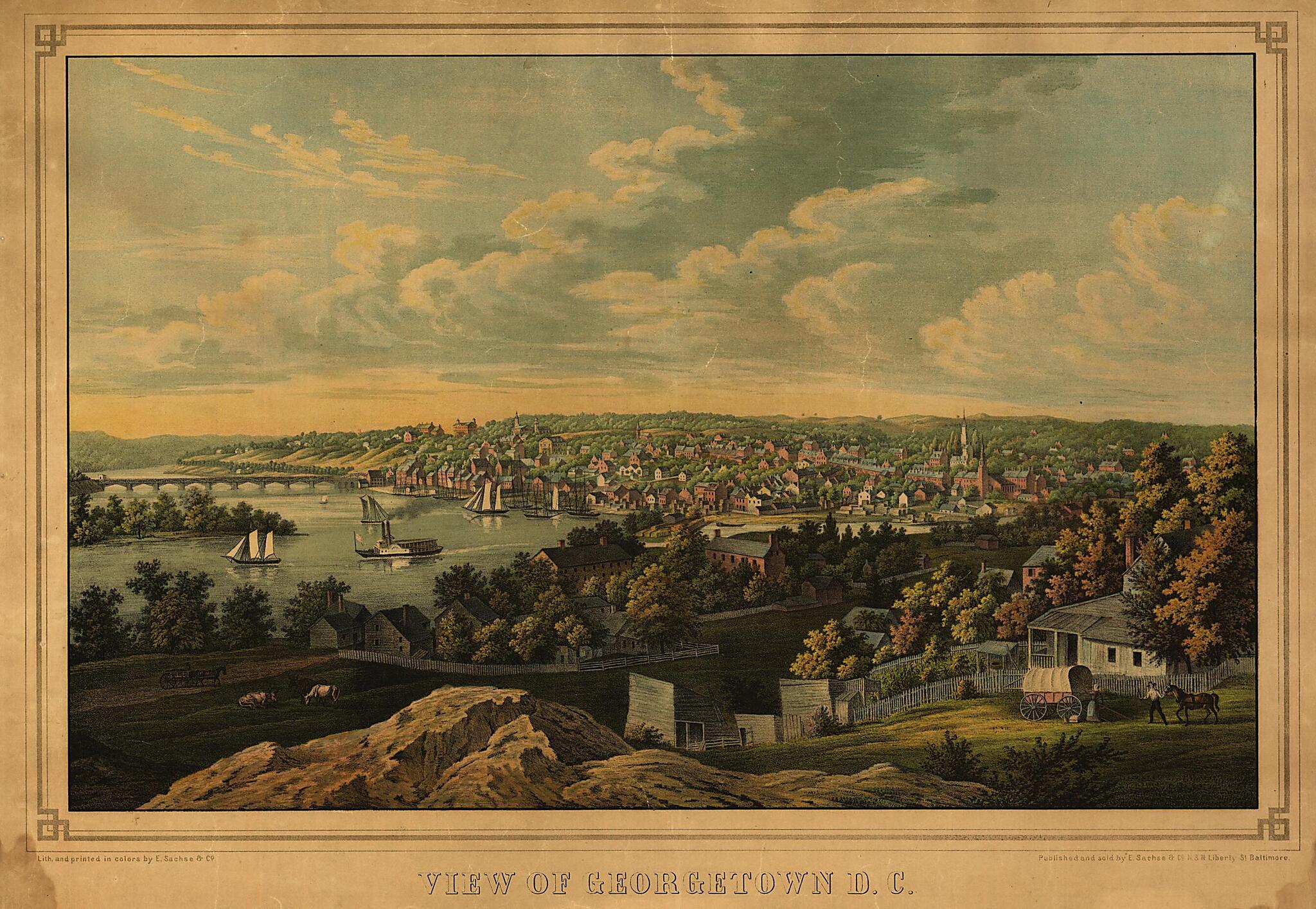 This old map of View of Georgetown D.C. / Lith. and Printed In Colors by E. Sachse &amp; Co from 1855 was created by  E. Sachse &amp; Co in 1855