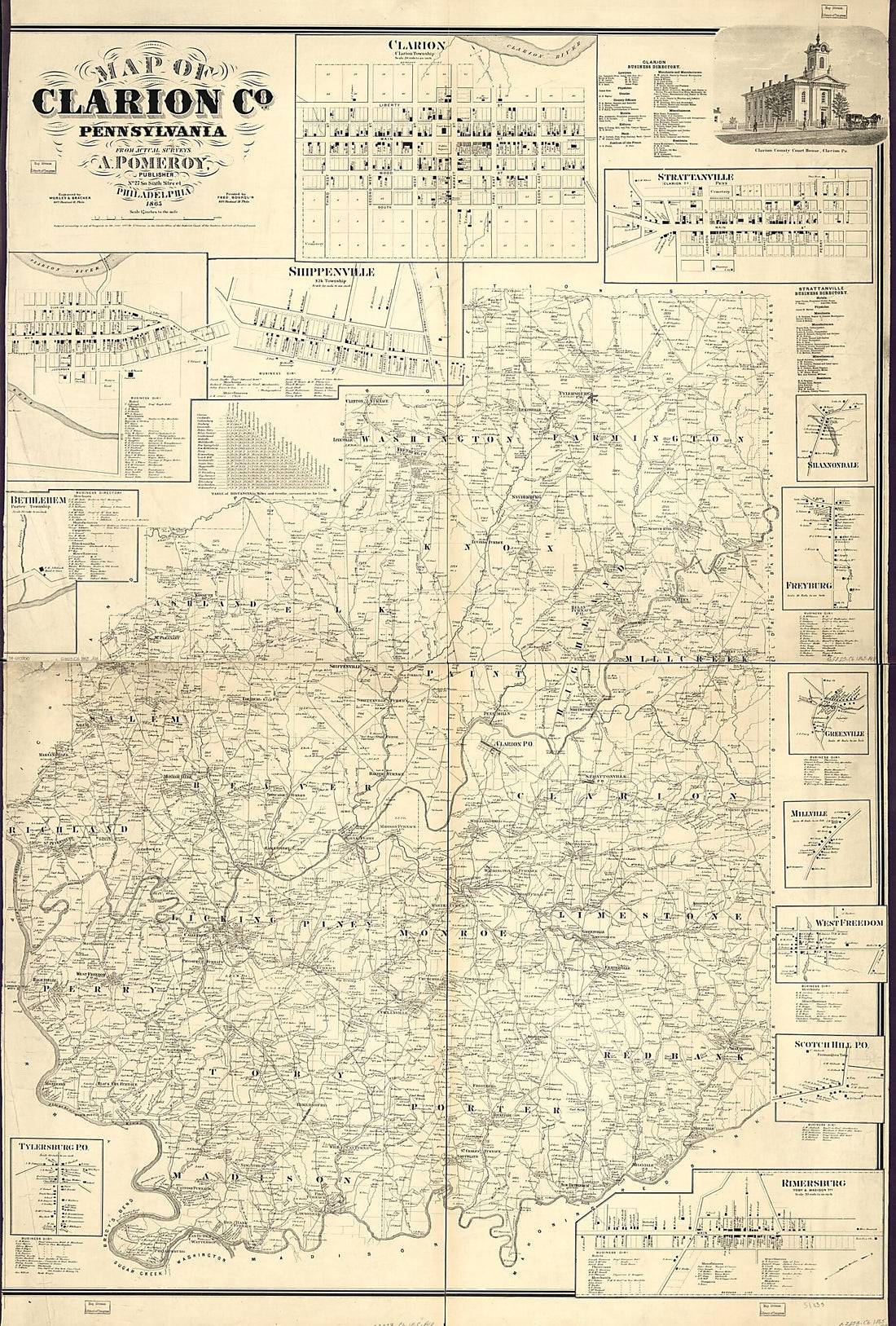 This old map of Map of Clarion County, Pennsylvania : from Actual Surveys from 1865 was created by  A. Pomeroy &amp; Co, F. (Frederick) Bourquin,  Worley &amp; Bracher in 1865