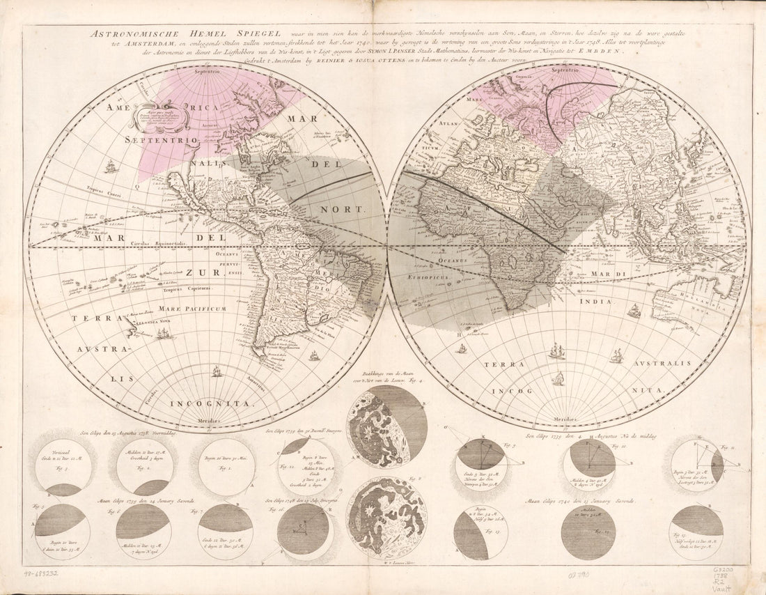 This old map of Astronomische Hemel Spiegel : Waar In Men Sien Kan De Merkwaardigste Hemelsche Verschynselen Aan Son, Mean En Sberren  from 1738 was created by  R. &amp; J. Ottens in 1738