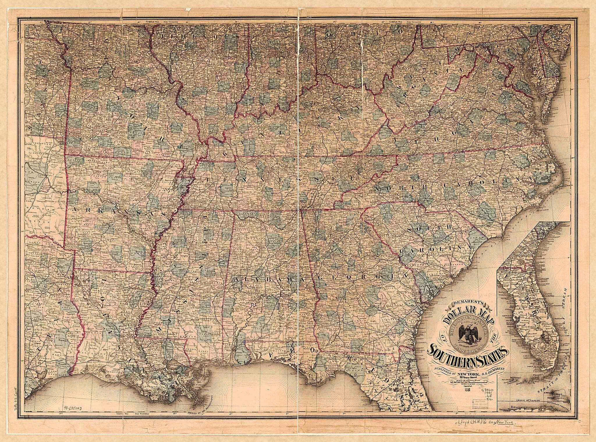 This old map of Dollar Map of the Southern States from 1881 was created by  Lloyd H. Hall Co in 1881