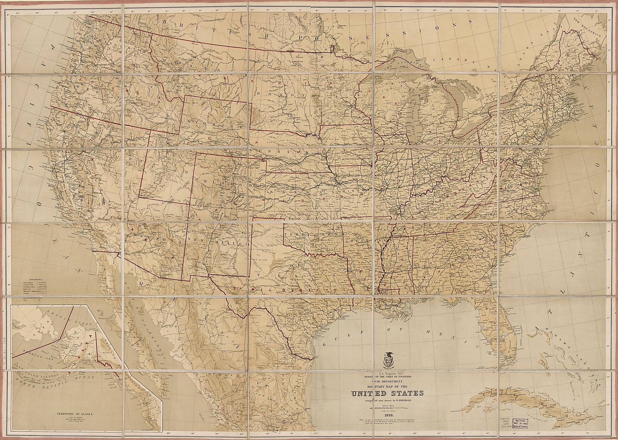 This old map of Military Map of the United States from 1869 was created by Julius Bien, Millard Fillmore, Edward Freyhold,  United States. War Department. Office of the Chief of Engineers in 1869