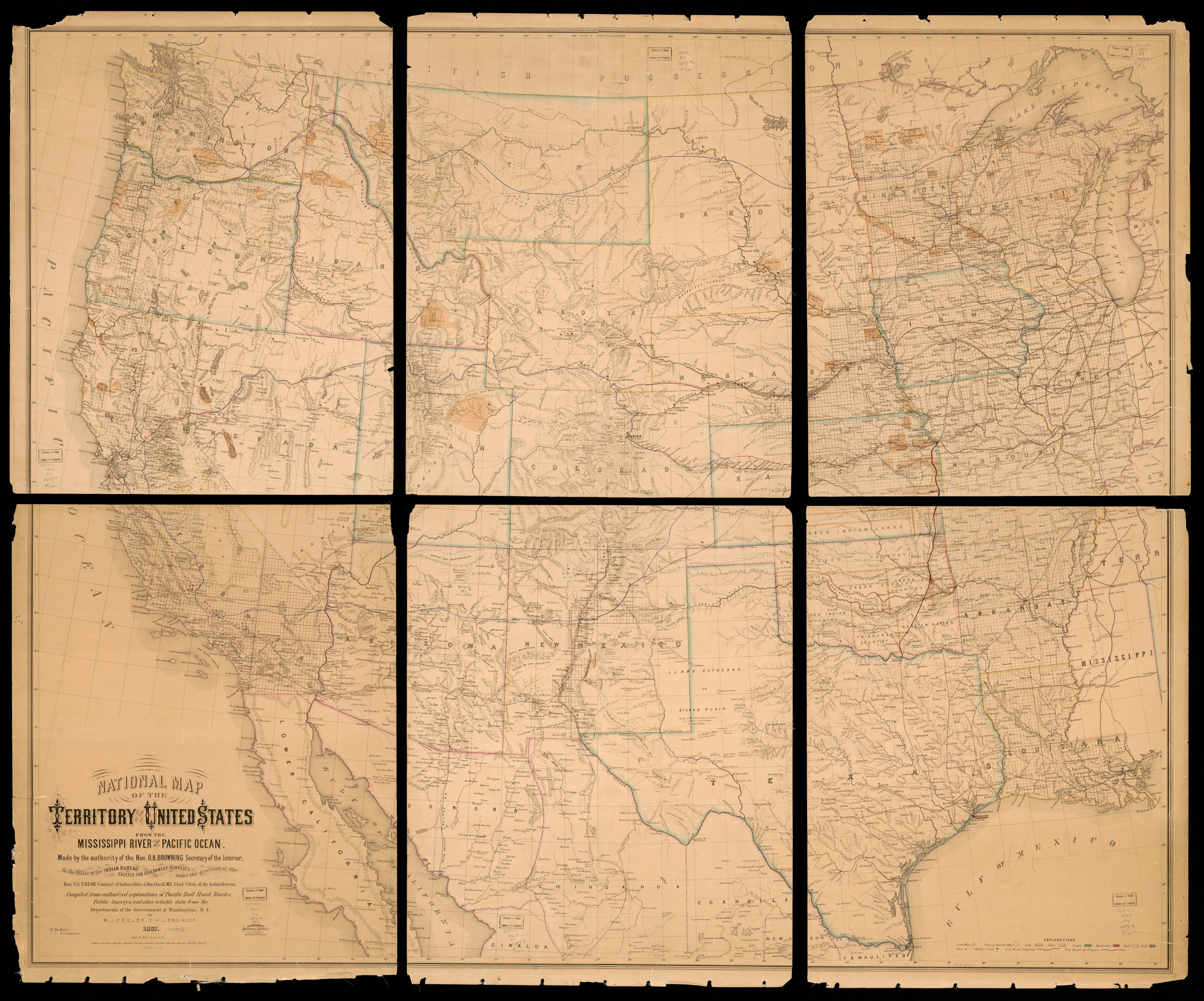 This old map of National Map of the Territory of the United States from the Mississippi River to the Pacific Ocean from 1867 was created by W. J. (William J.) Keeler in 1867