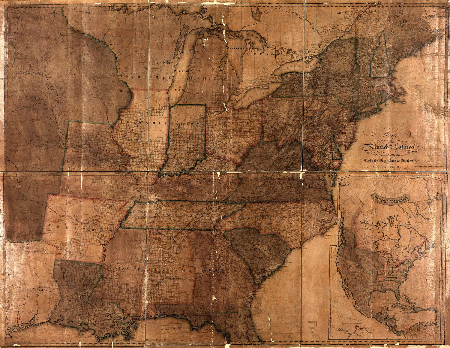 This old map of Map of the United States : Intended Chiefly to Exhibit the Post Roads &amp; Distances from 1825 was created by Abraham Bradley in 1825