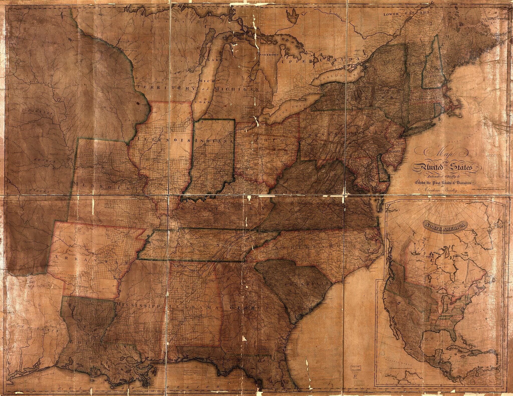 This old map of Map of the United States : Intended Chiefly to Exhibit the Post Roads &amp; Distances from 1825 was created by Abraham Bradley in 1825