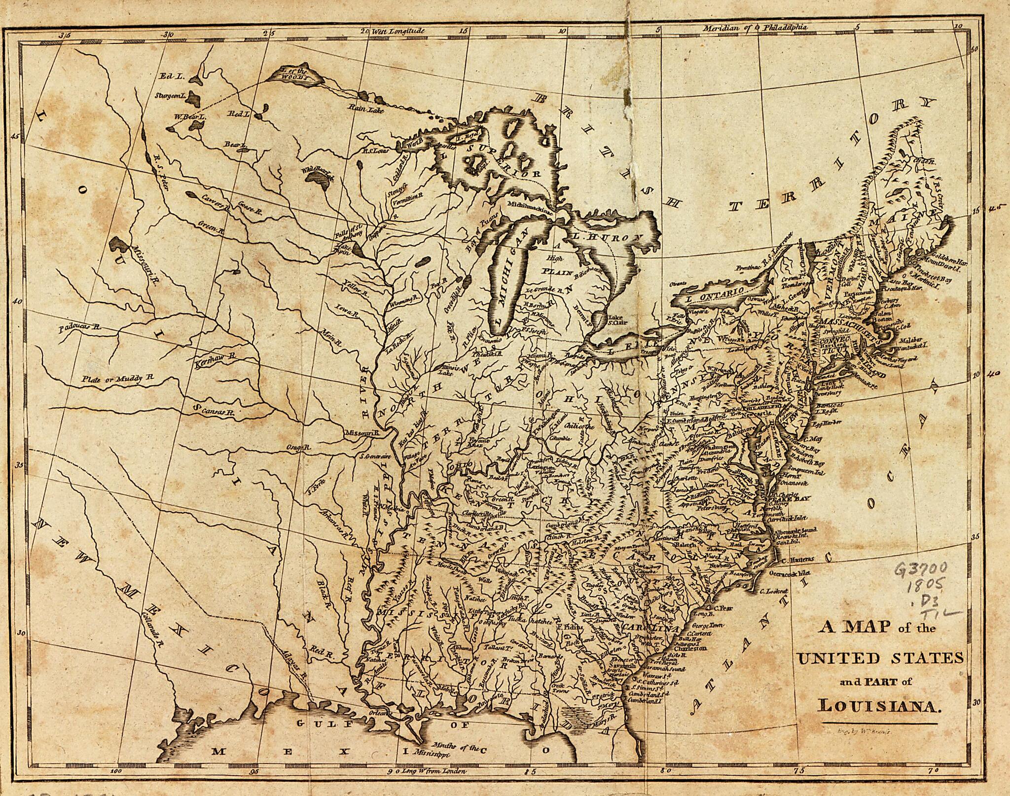 This old map of A Map of the United States and Part of Louisiana from 1805 was created by Benjamin Davies in 1805