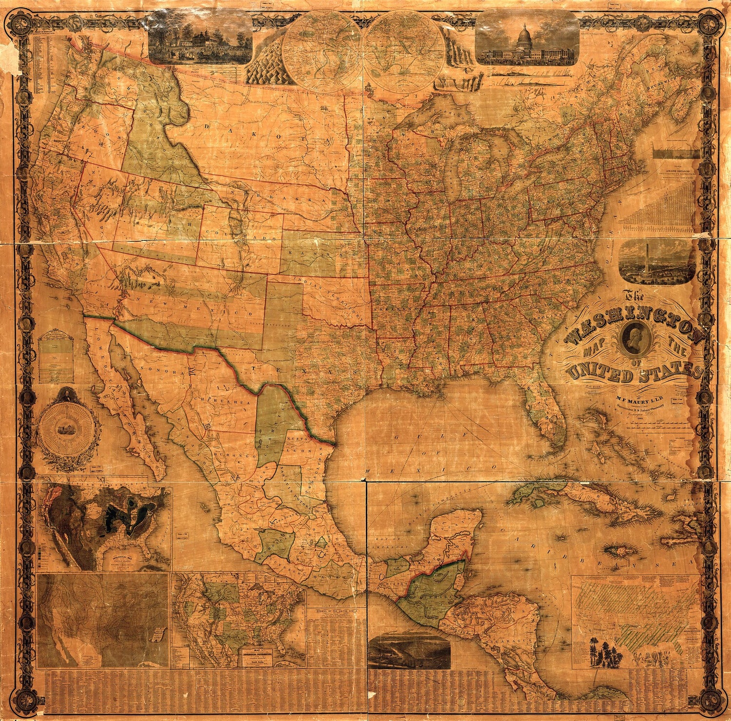 This old map of The Washington Map of the United States from 1861 was created by Matthew Fontaine Maury,  United States Naval Observatory in 1861