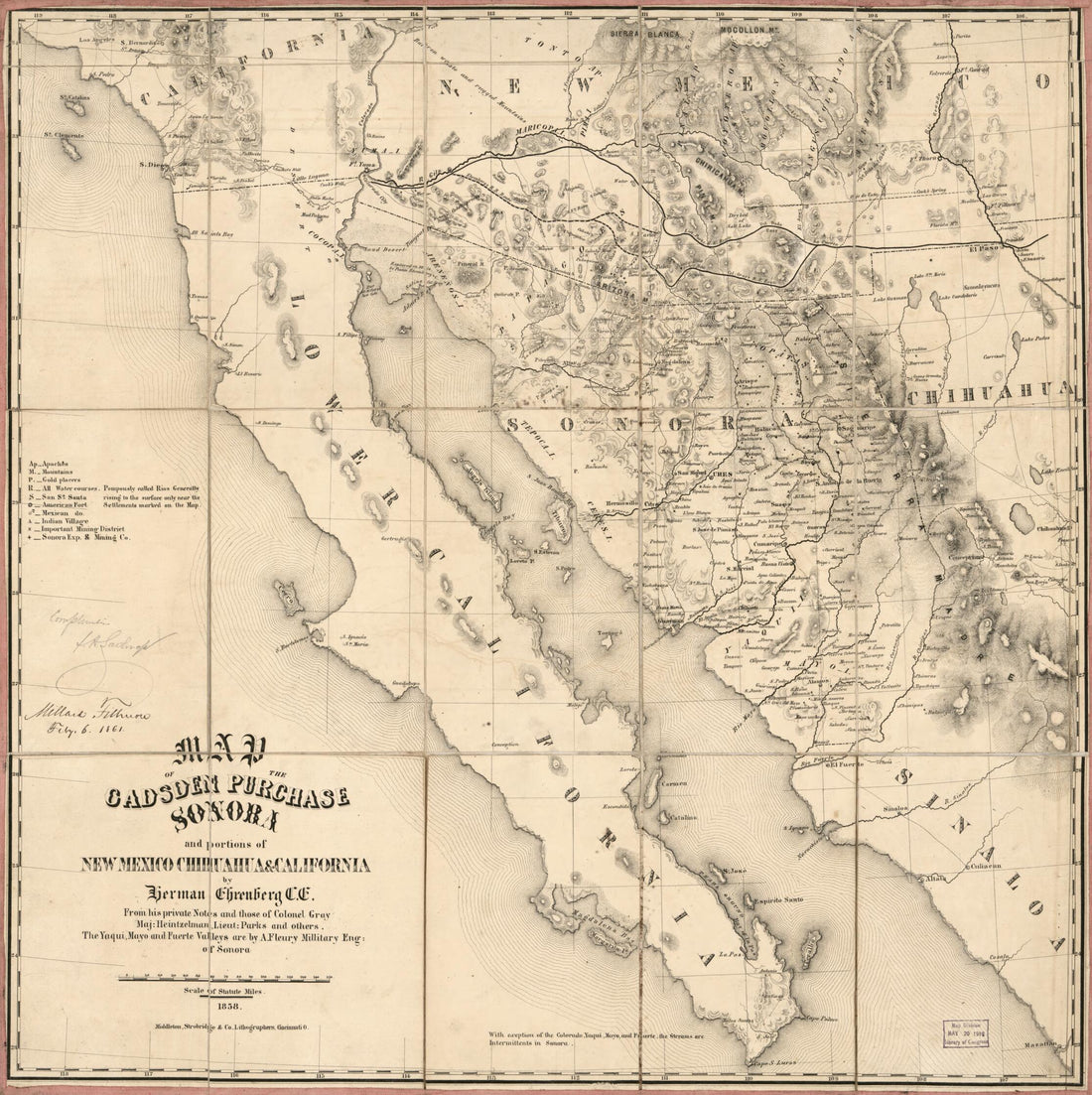 This old map of Map of the Gadsden Purchase : Sonora and Portions of New Mexico, Chihuaua &amp; California from 1858 was created by Herman Ehrenberg, Millard Fillmore, Strobridge &amp; Co Middleton in 1858