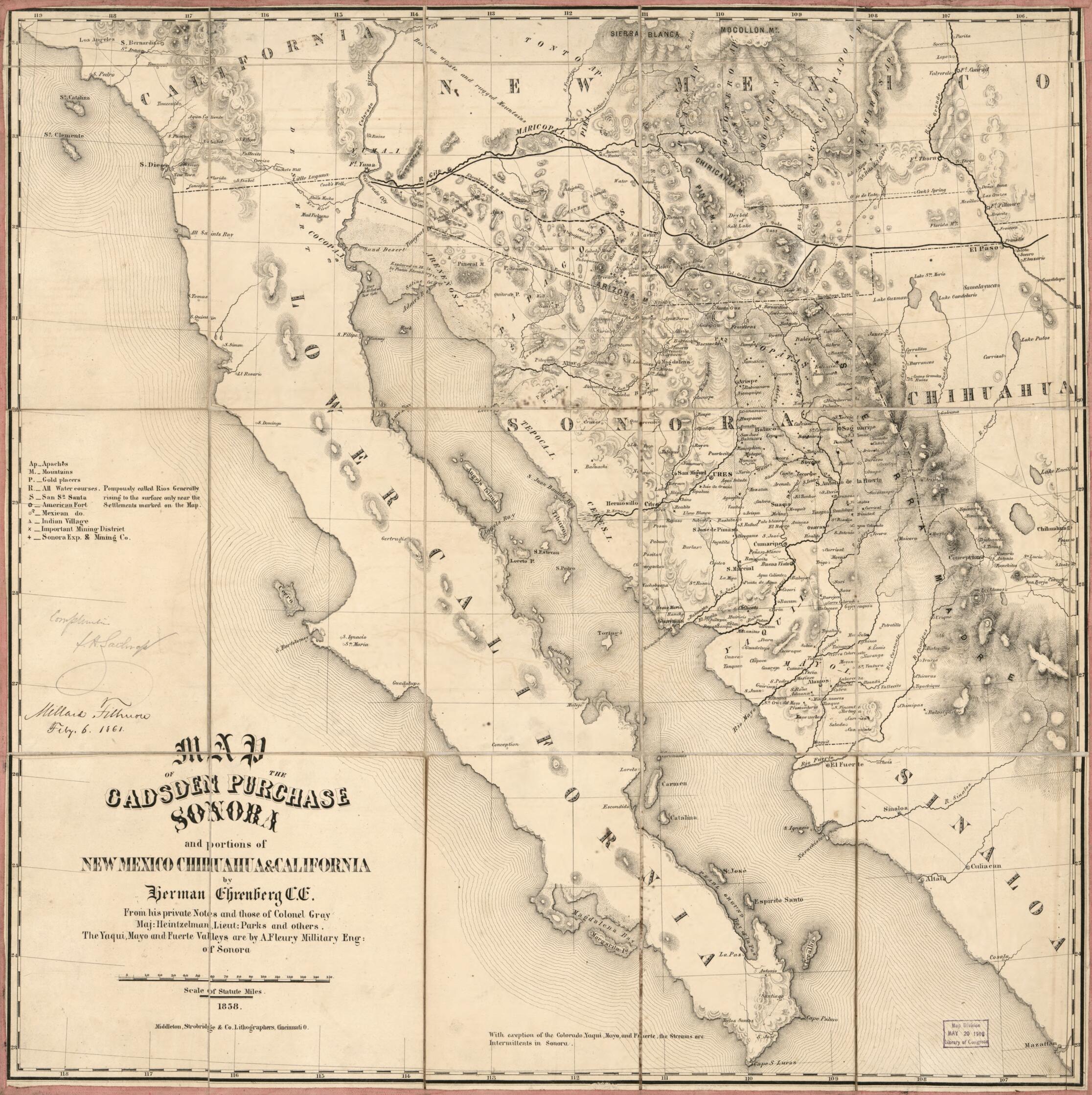 This old map of Map of the Gadsden Purchase : Sonora and Portions of New Mexico, Chihuaua &amp; California from 1858 was created by Herman Ehrenberg, Millard Fillmore, Strobridge &amp; Co Middleton in 1858