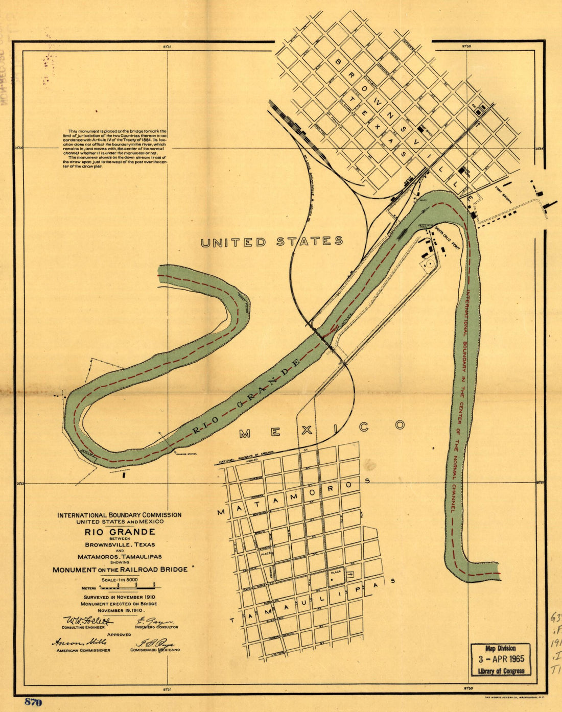 This old map of Boundaries Between Brownsville, Texas and Matamoros, Tam. (Mexico) from 1910 was created by United States and Mexico International Boundary Commission in 1910