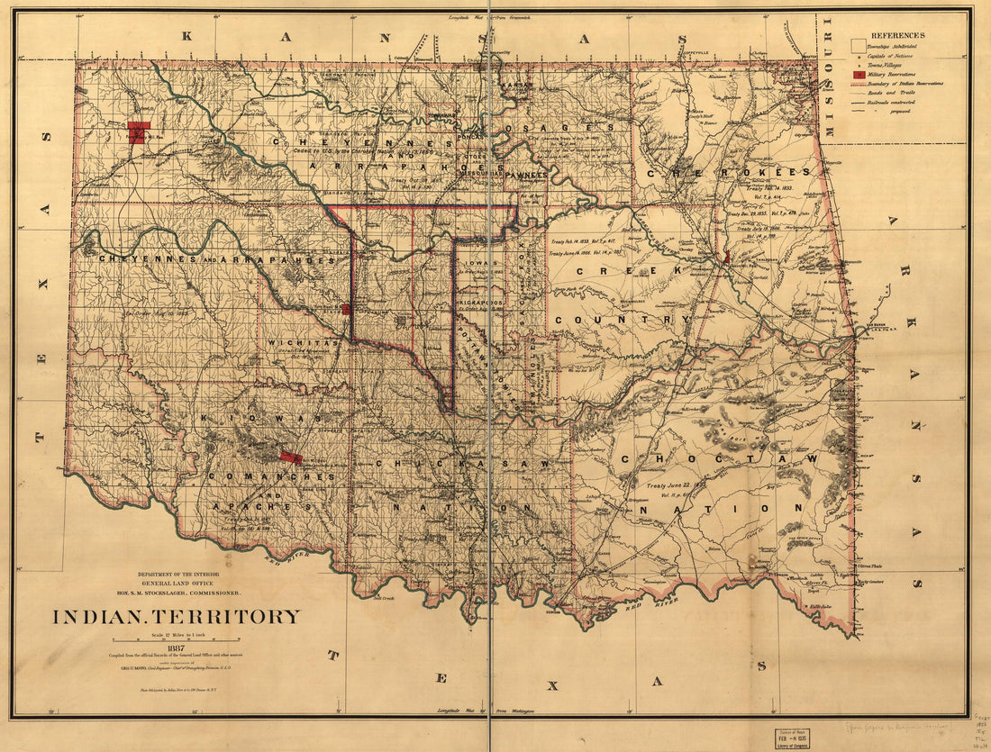 This old map of Indian Territory: Compiled from the Official Records of the Records of the General Land Office and Other Sources Under Supervision of Geo. U. Mayo from 1887 was created by Benjamin Harrison, Geo. U. (George U.) Mayo in 1887