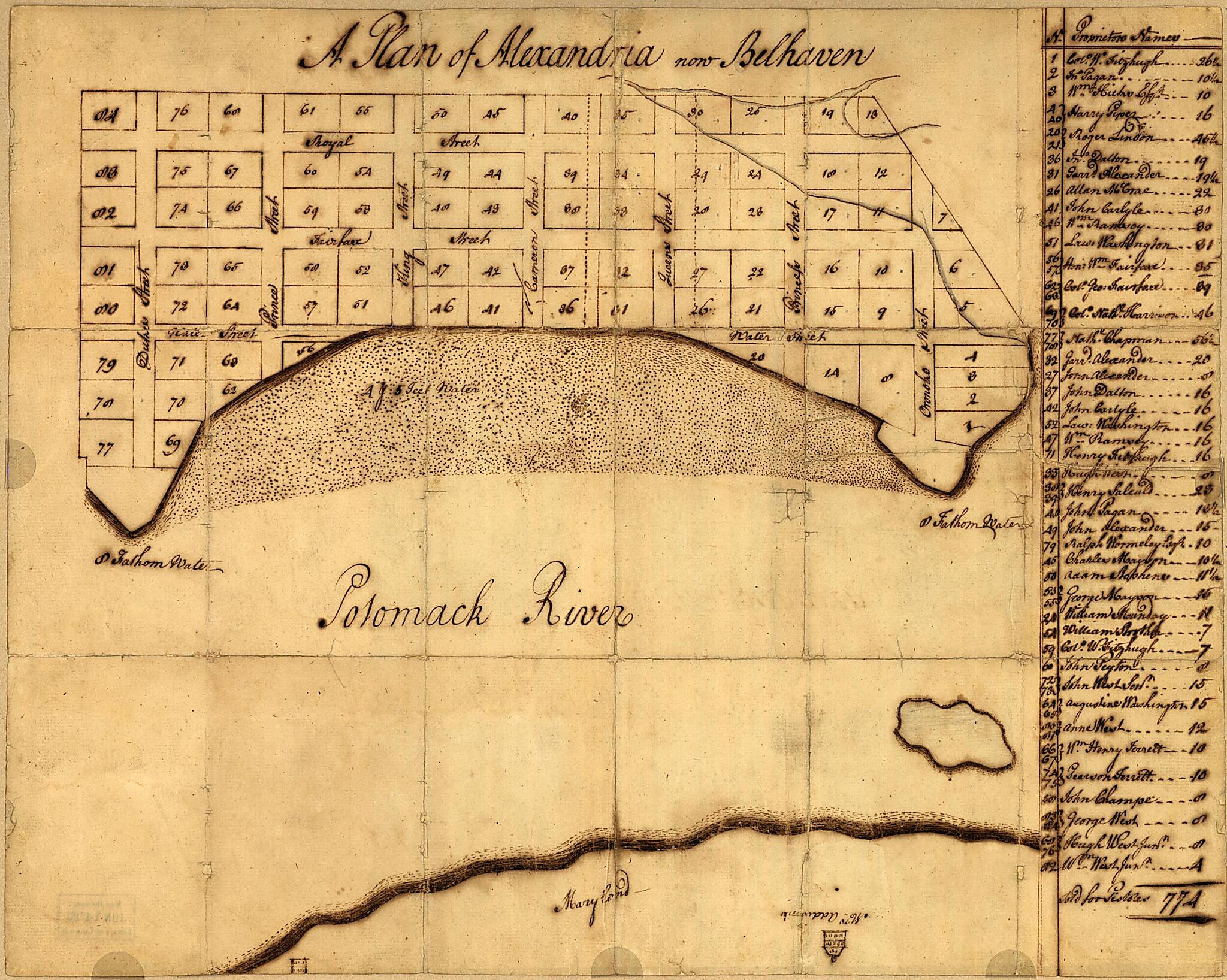 This old map of A Plan of Alexandria, Now Belhaven from 1749 was created by George Washington in 1749