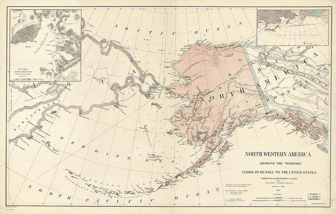 This old map of Northwestern America Showing the Territory Ceded by Russia to the United States from 1867 was created by A. Lindenkohl,  U.S. Coast and Geodetic Survey in 1867