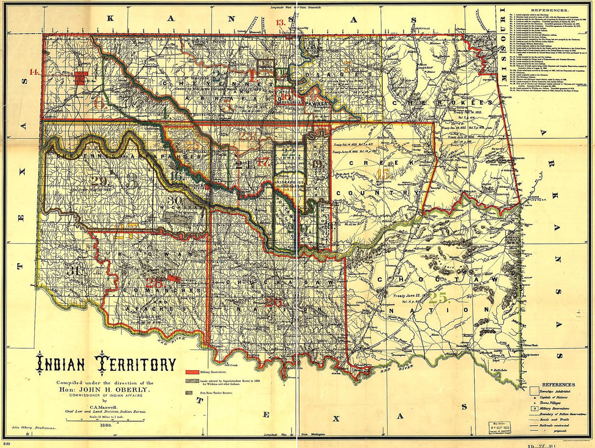Indian Territory: Compiled Under the Direction of the Hon. John H. Oberly, Commissioner of Indian Affairs, by C.A. Maxwell 1889 by Relic Map Company