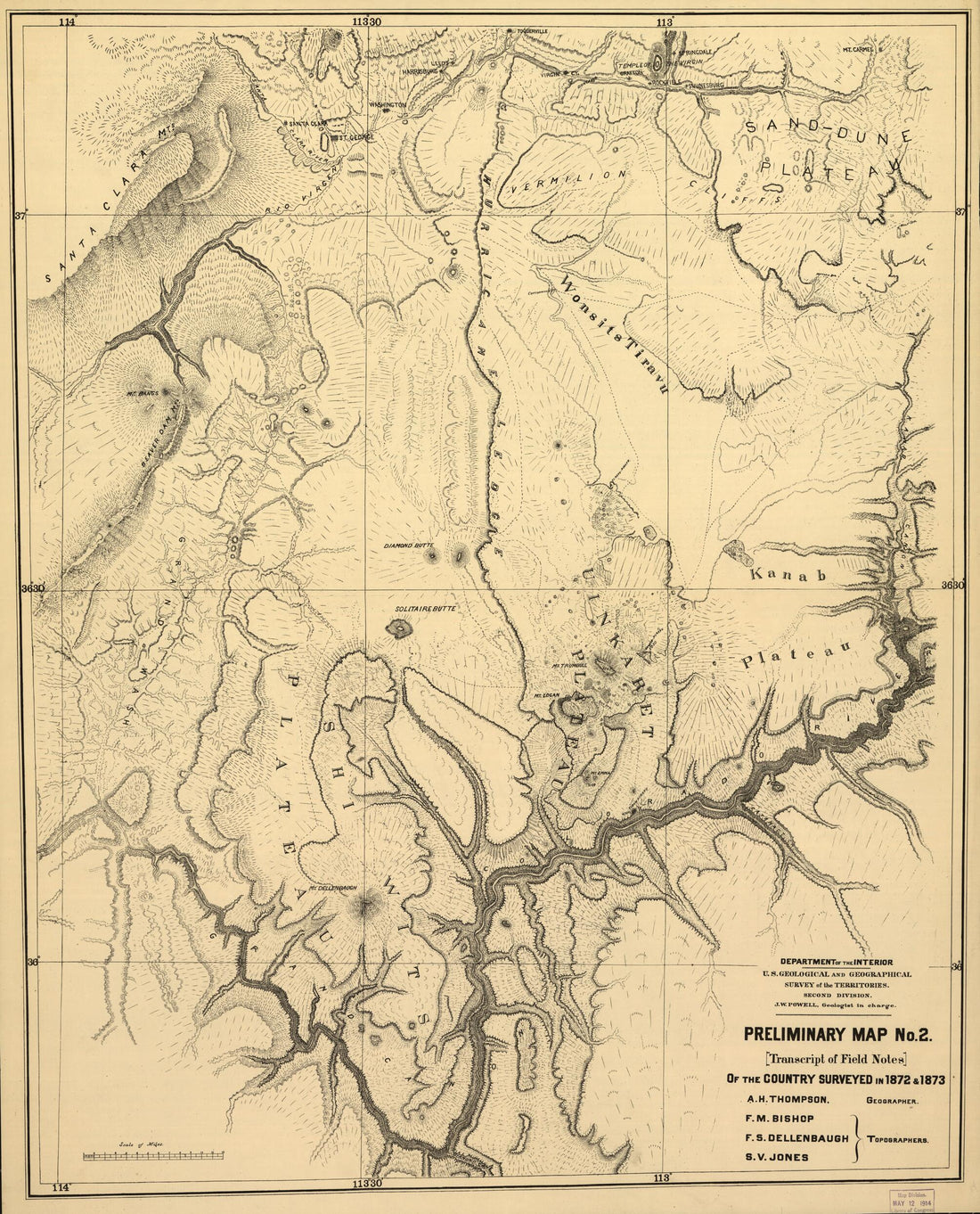 This old map of Preliminary Map No.2 of the Country Surveyed In from 1872 and 1873 was created by Francis Marion Bishop, Frederick Samuel Dellenbaugh,  Geological and Geographical Survey of the Territories (U.S.), S. V. Jones, John Wesley Powell, A. H. (