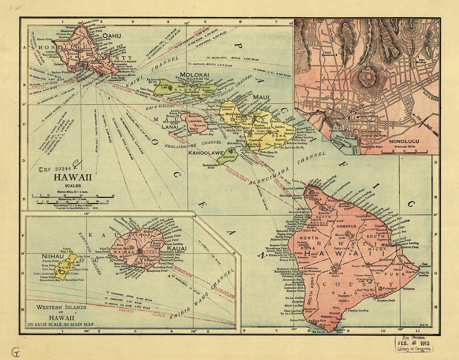 This old map of Hawaii from 1912 was created by  Rand McNally and Company in 1912