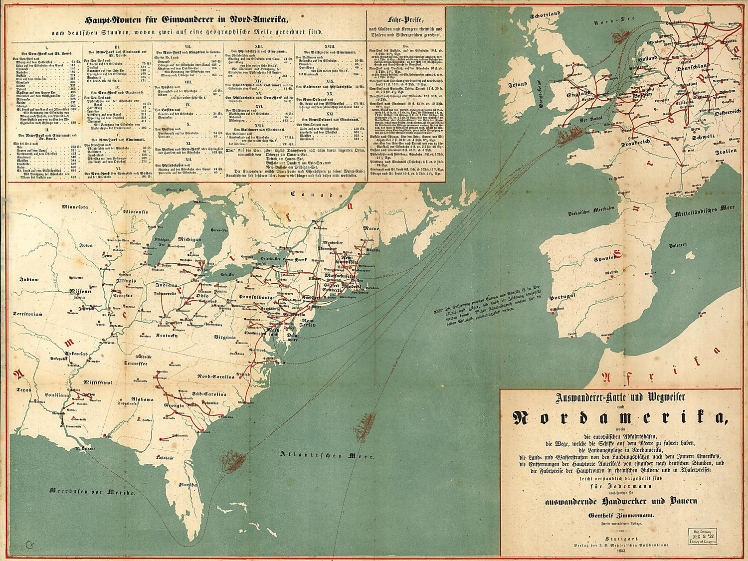 Karte Und Wegweiser Nach Nordamerika 1853 by Relic Map Company