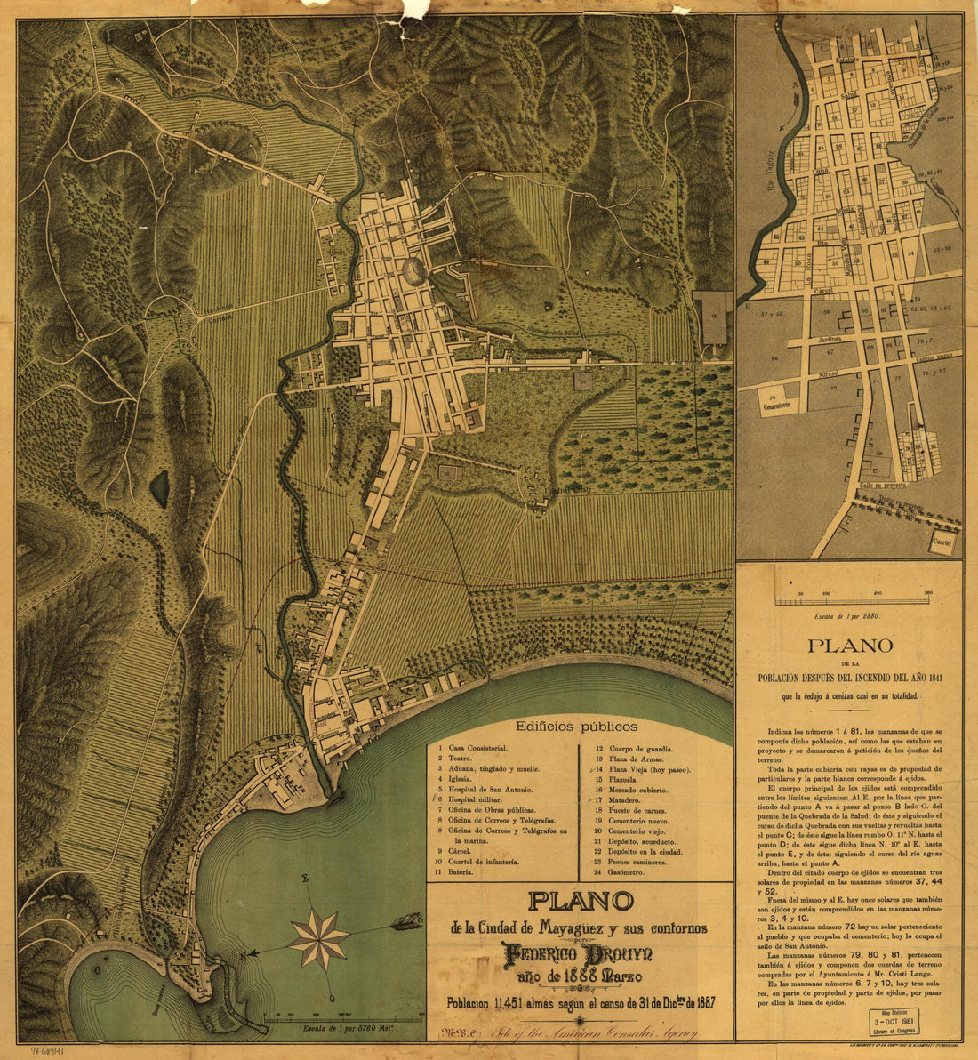This old map of Plano De La Ciudad De Mayagüez Y Sus Contornos from 1888 was created by Federico Drouyn in 1888
