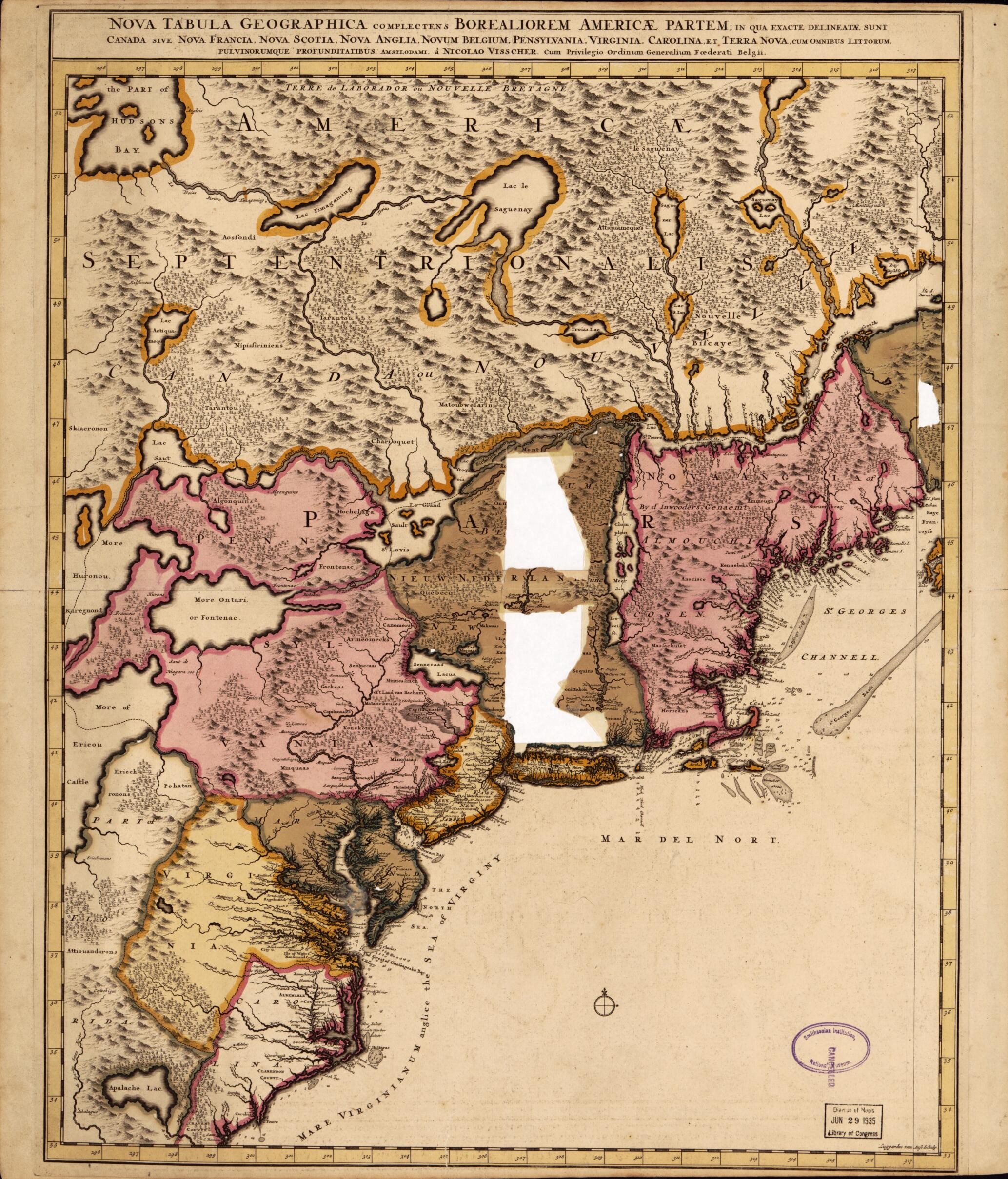 Nova Tabula Geographica Complectens Borealiorem Americae Partem, In Qua Exacte Delineatae Sunt Canada Sive Nova Francia, Nova Scotia, Nova Anglia, Novum Belgium, Pensylvania, Virginia, Carolina, Et Terra Nova 1717 by Relic Map Company
