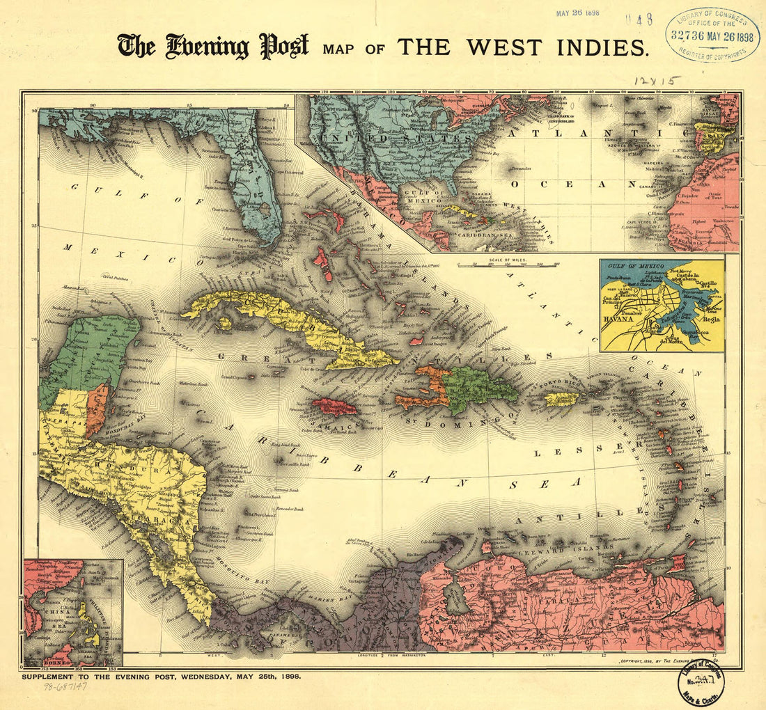 This old map of The Evening Post Map of the West Indies from 1898 was created by  in 1898