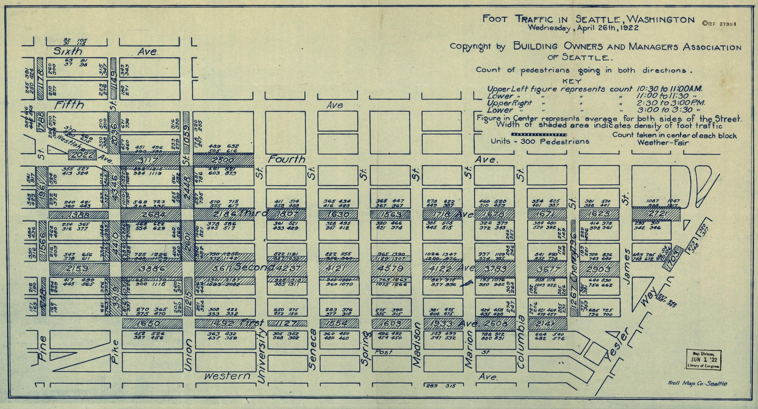 This old map of Foot Traffic In Seattle, Washington, Wednesday, April 26th, from 1922 was created by Inc Kroll Map Company in 1922