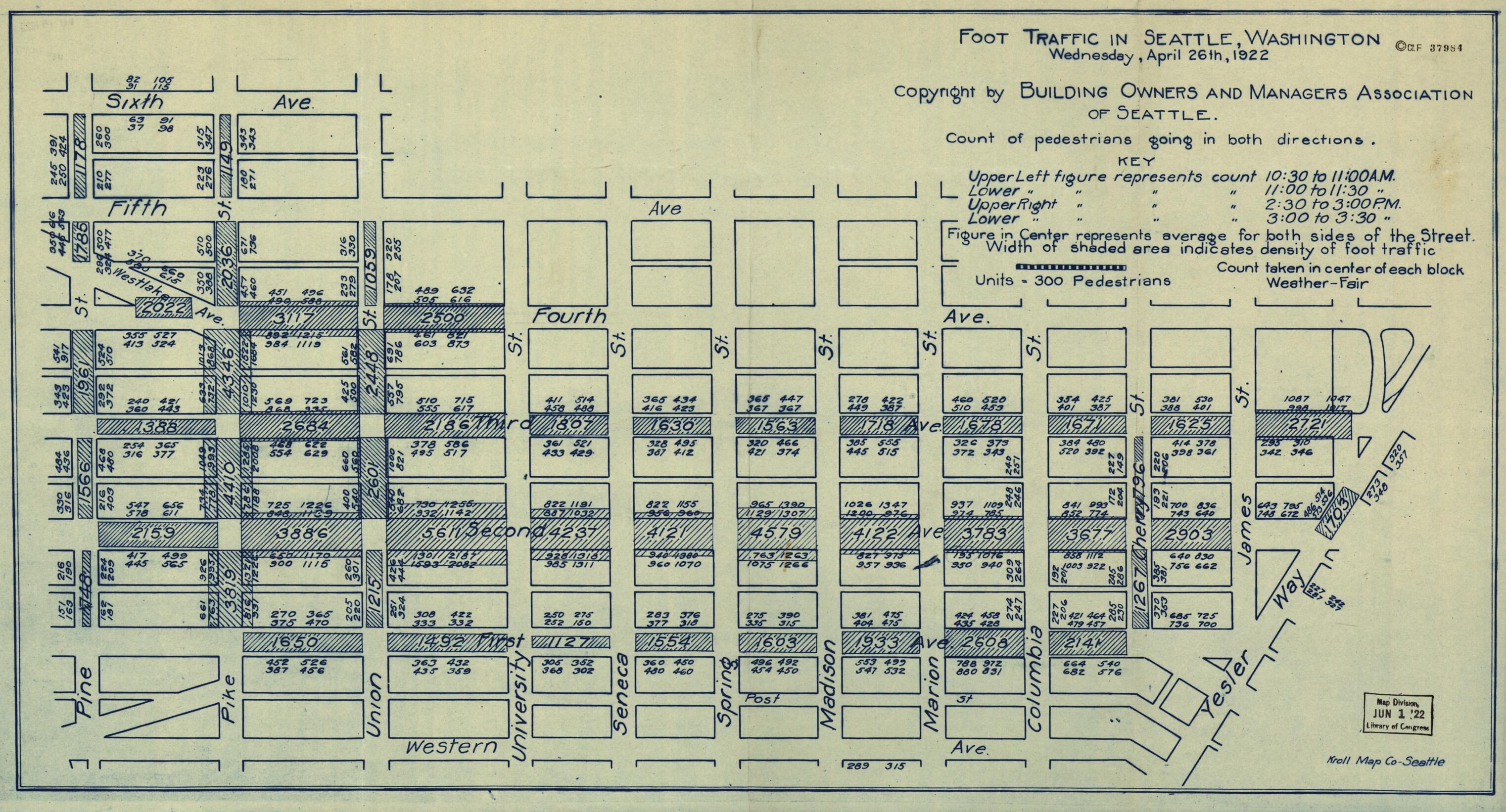 This old map of Foot Traffic In Seattle, Washington, Wednesday, April 26th, from 1922 was created by Inc Kroll Map Company in 1922