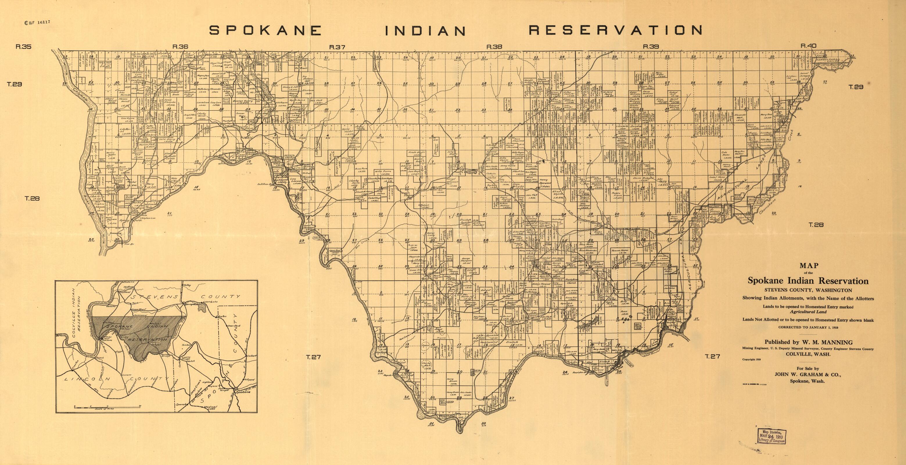 This old map of Map of the Spokane Indian Reservation, Stevens County, Washington from 1910 was created by W. M. Manning in 1910
