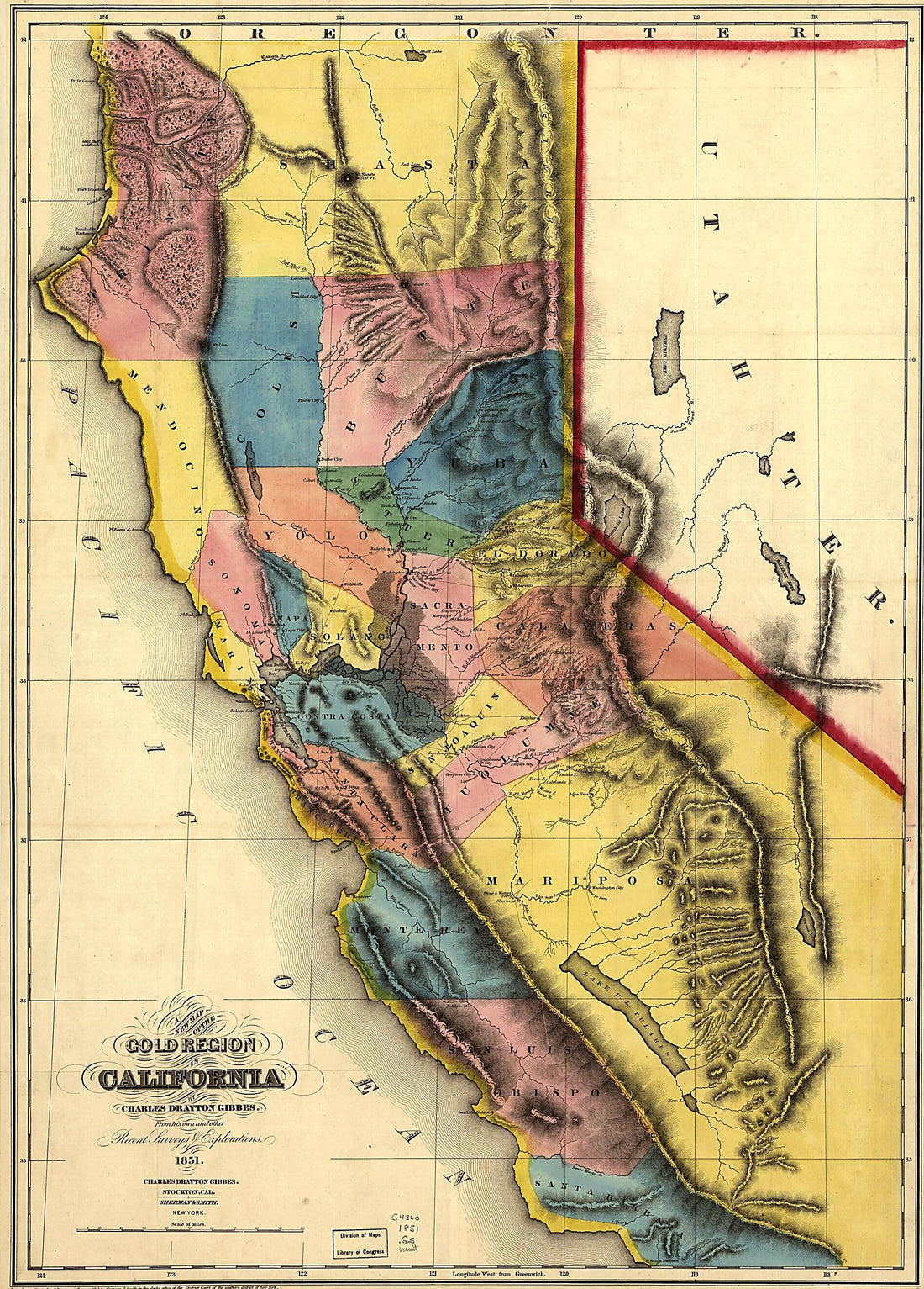This old map of A New Map of the Gold Region In California from 1851 was created by Charles Drayton Gibbes,  Sherman &amp; Smith in 1851