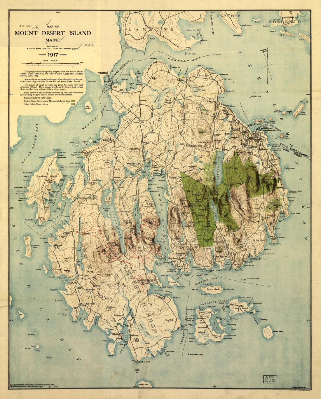 This old map of Map of Mount Desert Island, Maine from 1917 was created by Waldron Bates, Herbert Jaques, Edward L. (Edward Lothrop) Rand in 1917