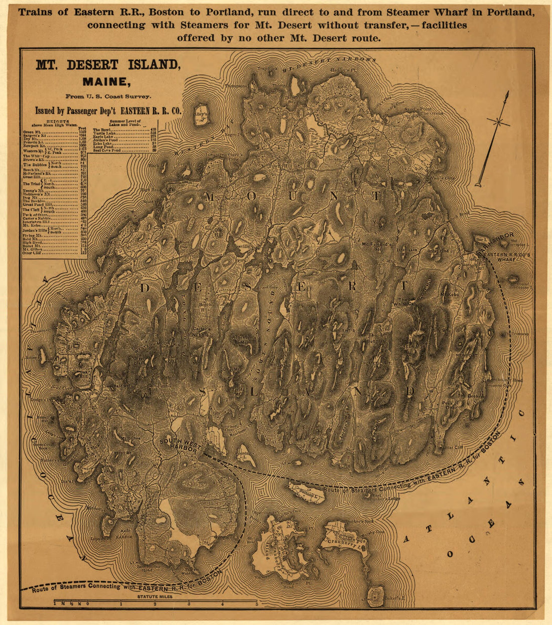 This old map of Mount Desert Island, Maine from 1890 was created by  Eastern Railroad Company in 1890