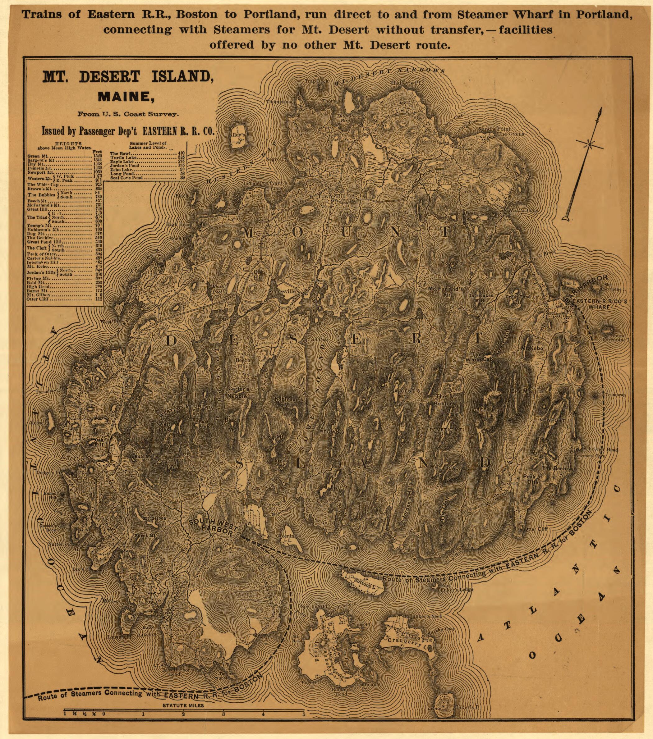This old map of Mount Desert Island, Maine from 1890 was created by  Eastern Railroad Company in 1890