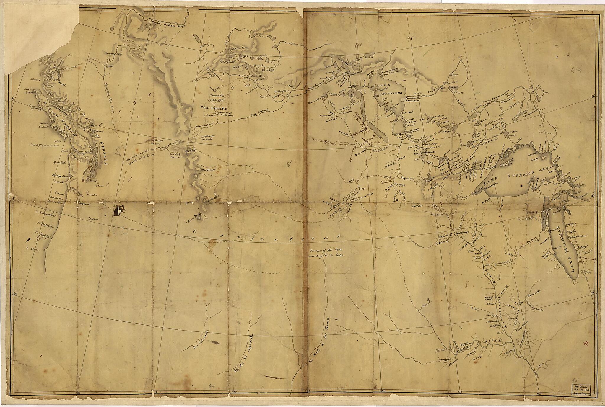 This old map of Lewis and Clark Map, With Annotations In Brown Ink by Meriwether Lewis, Tracing Showing the Mississippi, the Missouri for a Short Distance Above Kansas, Lakes Michigan, Superior, and Winnipeg, and the Country Onwards to the Pacific from 1