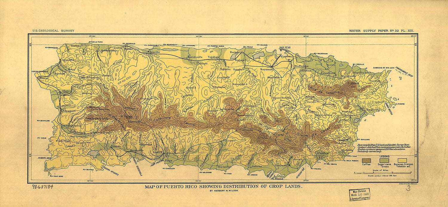 This old map of Map of Puerto Rico Showing Distribution of Crop Lands from 1899 was created by  Geological Survey (U.S.), Herbert M. (Herbert Michael) Wilson in 1899