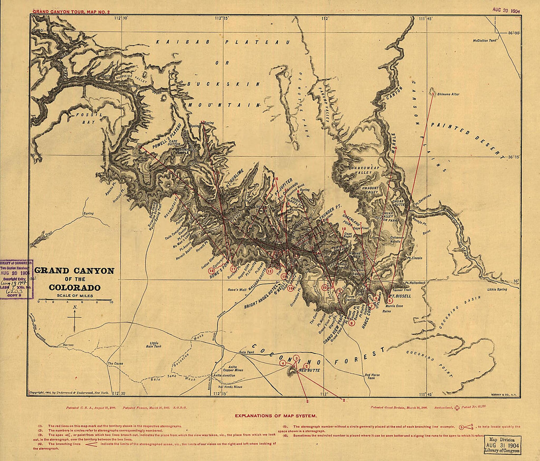 This old map of Grand Canyon of the Colorado from 1904 was created by  Underwood &amp; Underwood in 1904