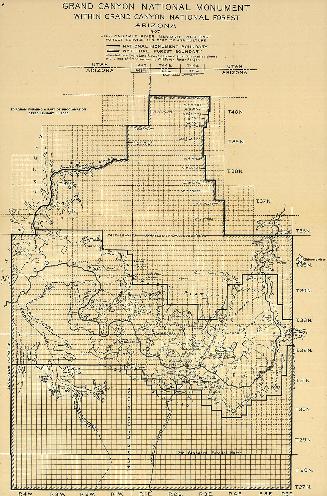 This old map of Grand Canyon National Monument Within Grand Canyon National Forest Arizona from 1908 was created by  United States. National Forest Service in 1908